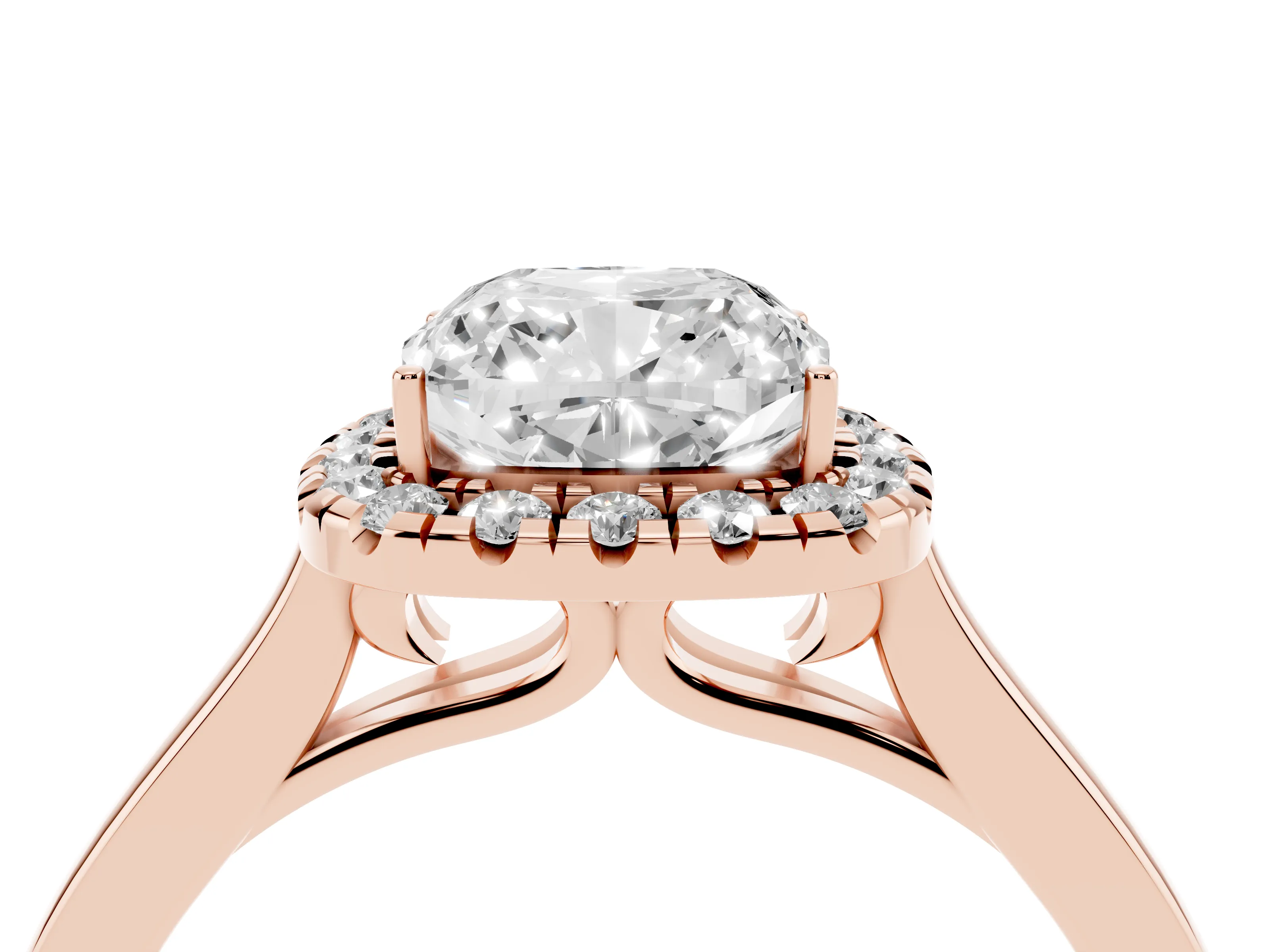 Cushion Cut Halo Round Diamond Solitaire Ring Set in Rose gold with Pavé Band and Prong Setting