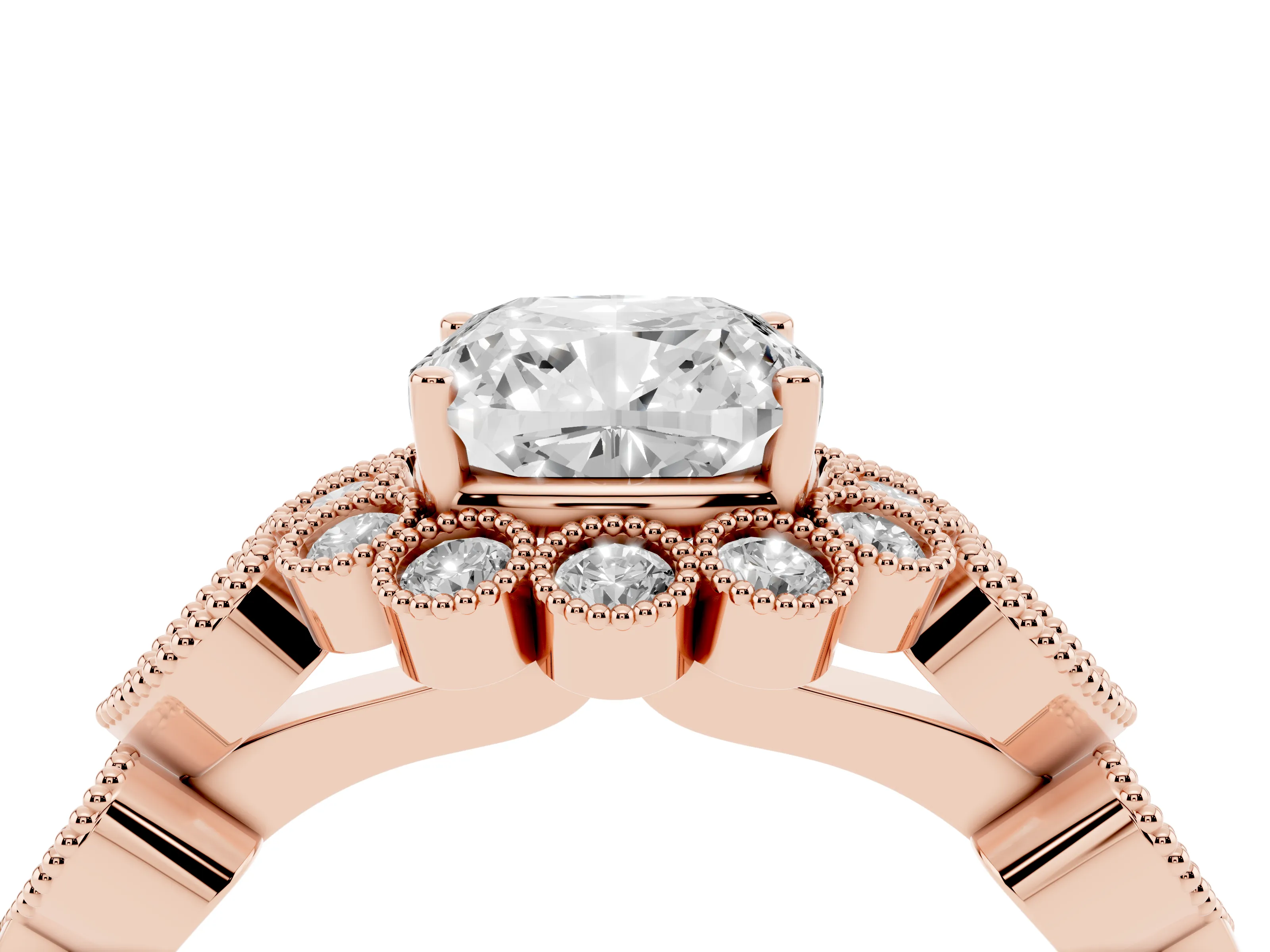 Cushion Cut Diamond Solitaire Ring Set in Rose gold with Milgrain Pavé Heart Band