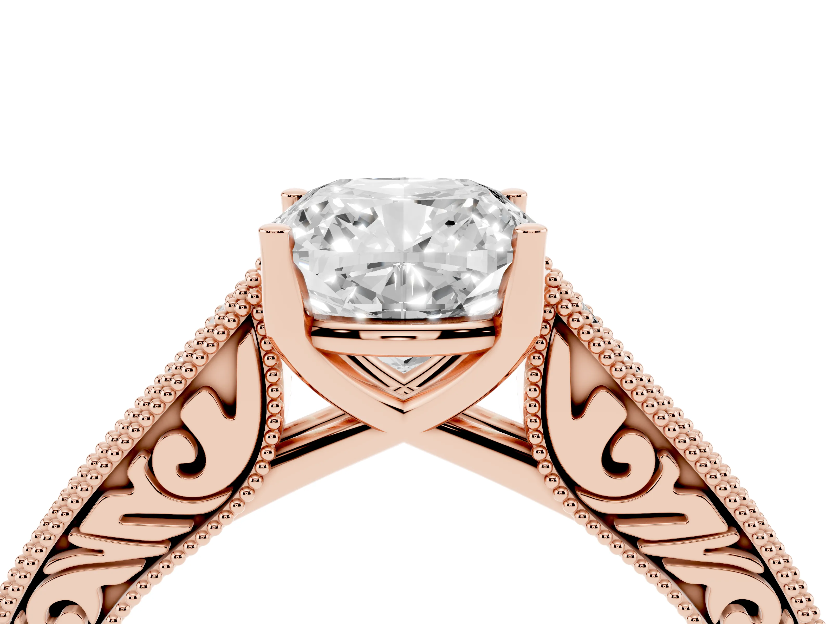 Cushion Cut Diamond Milgrain Pavé Band Solitaire Ring Set in Rose gold with Prong Setting