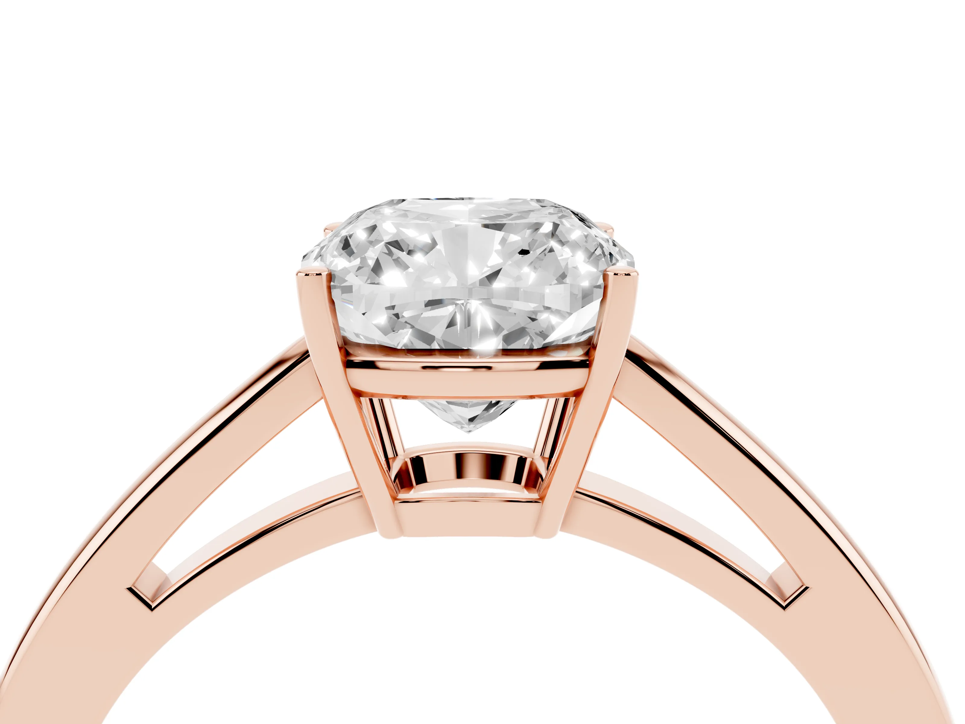 Cushion Cut Diamond Solitaire Ring Set in Rose gold with Split Shank and Prong Setting