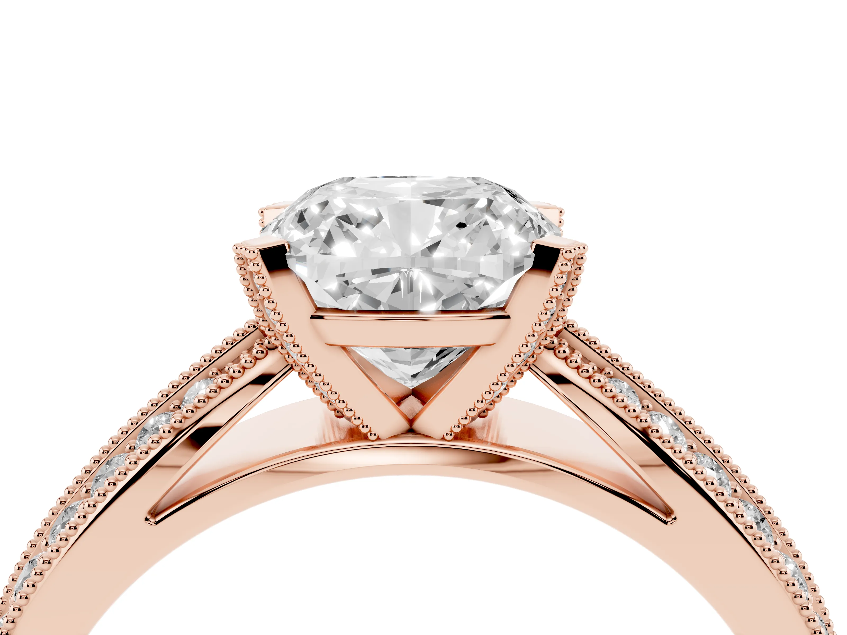 Cushion Cut Diamond Solitaire Ring Set in Rose gold with Milgrain Double Row Round Pavé Band