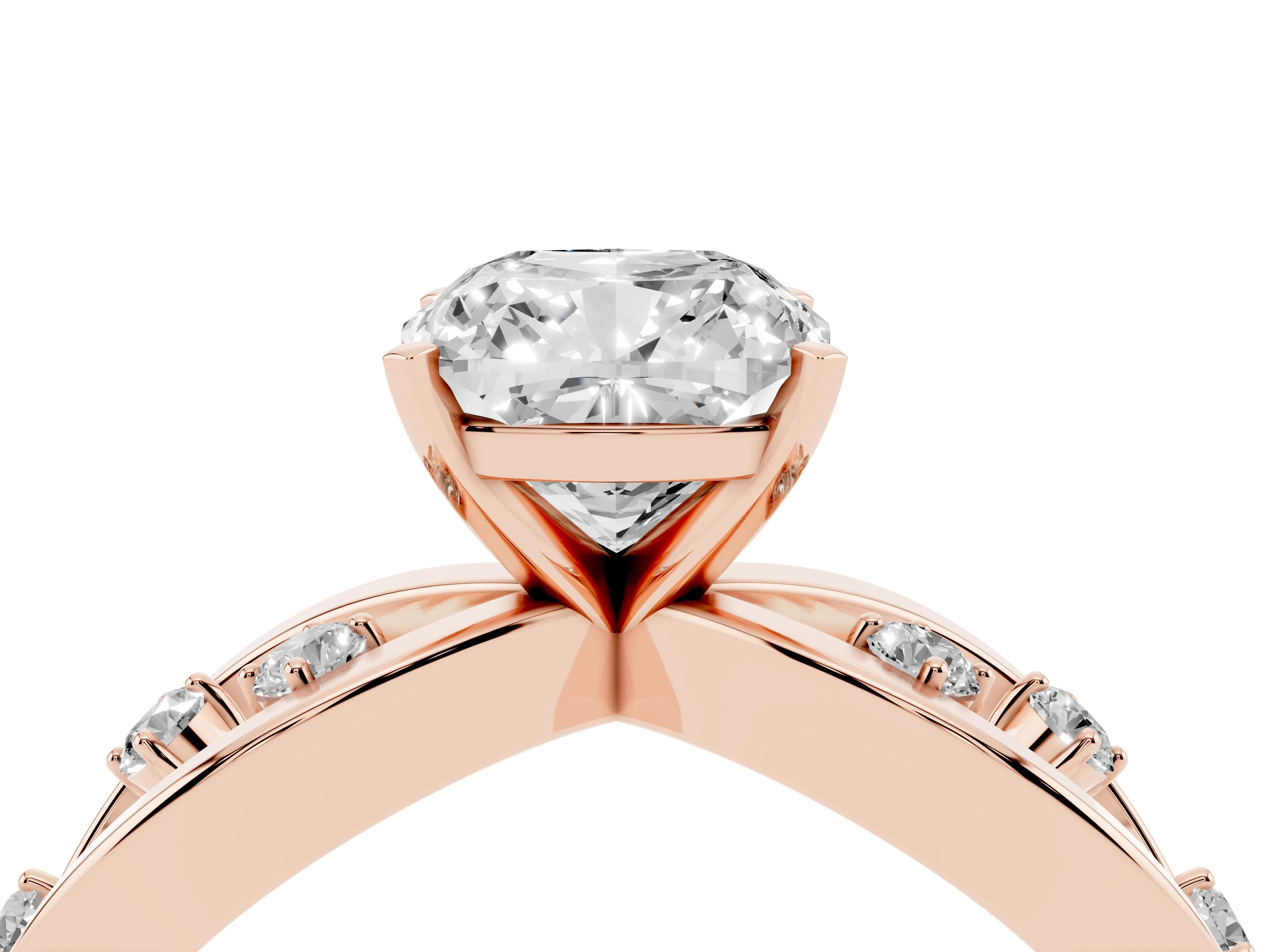 Cushion Cut Diamond Solitaire Ring Set in Rose gold with Side Stones on Criss-Cross Band and Prong Setting