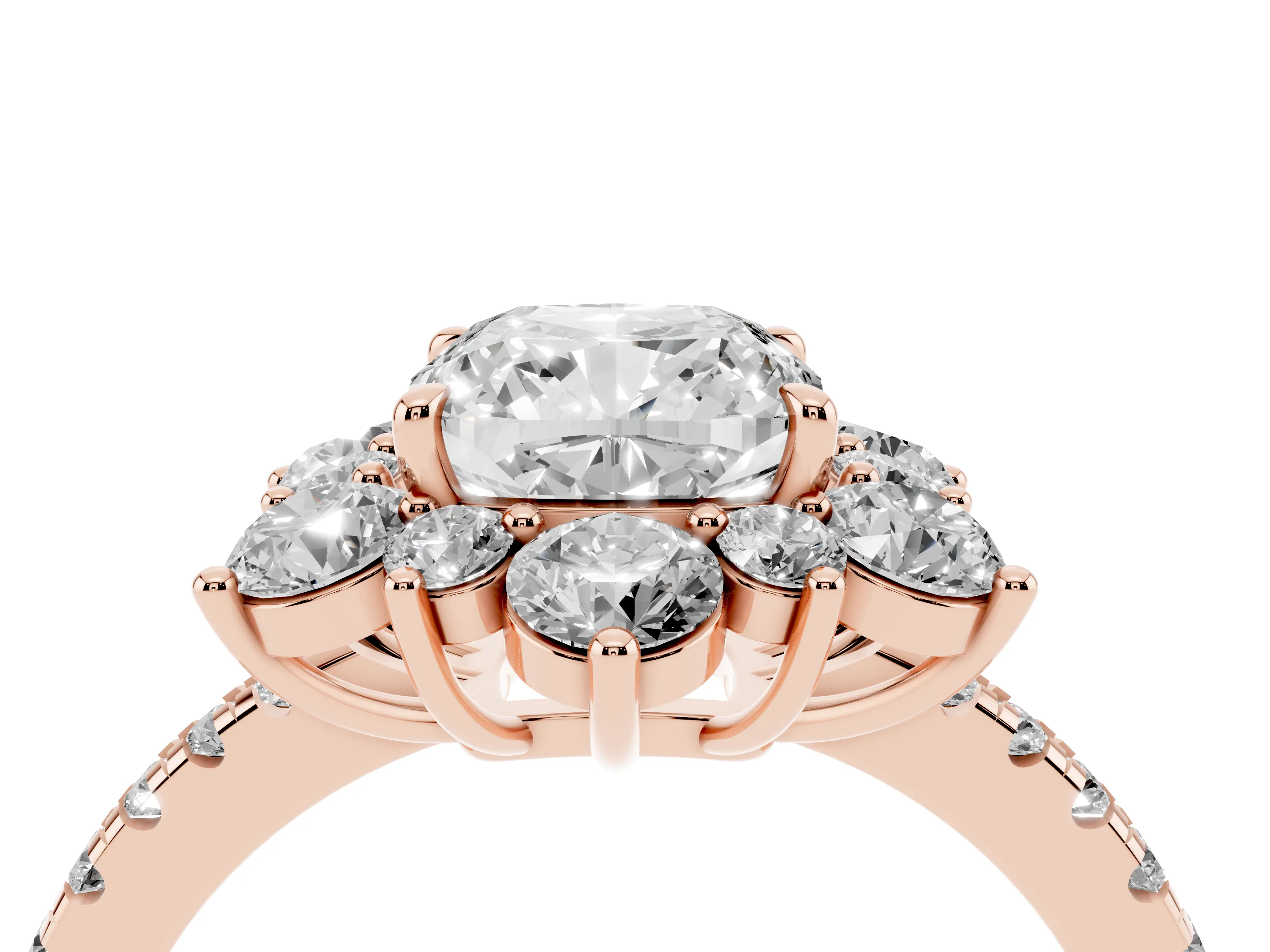 Cushion Cut Diamond Floral Halo Ring Set in Rose gold with Round Pavé Band and Prong Setting