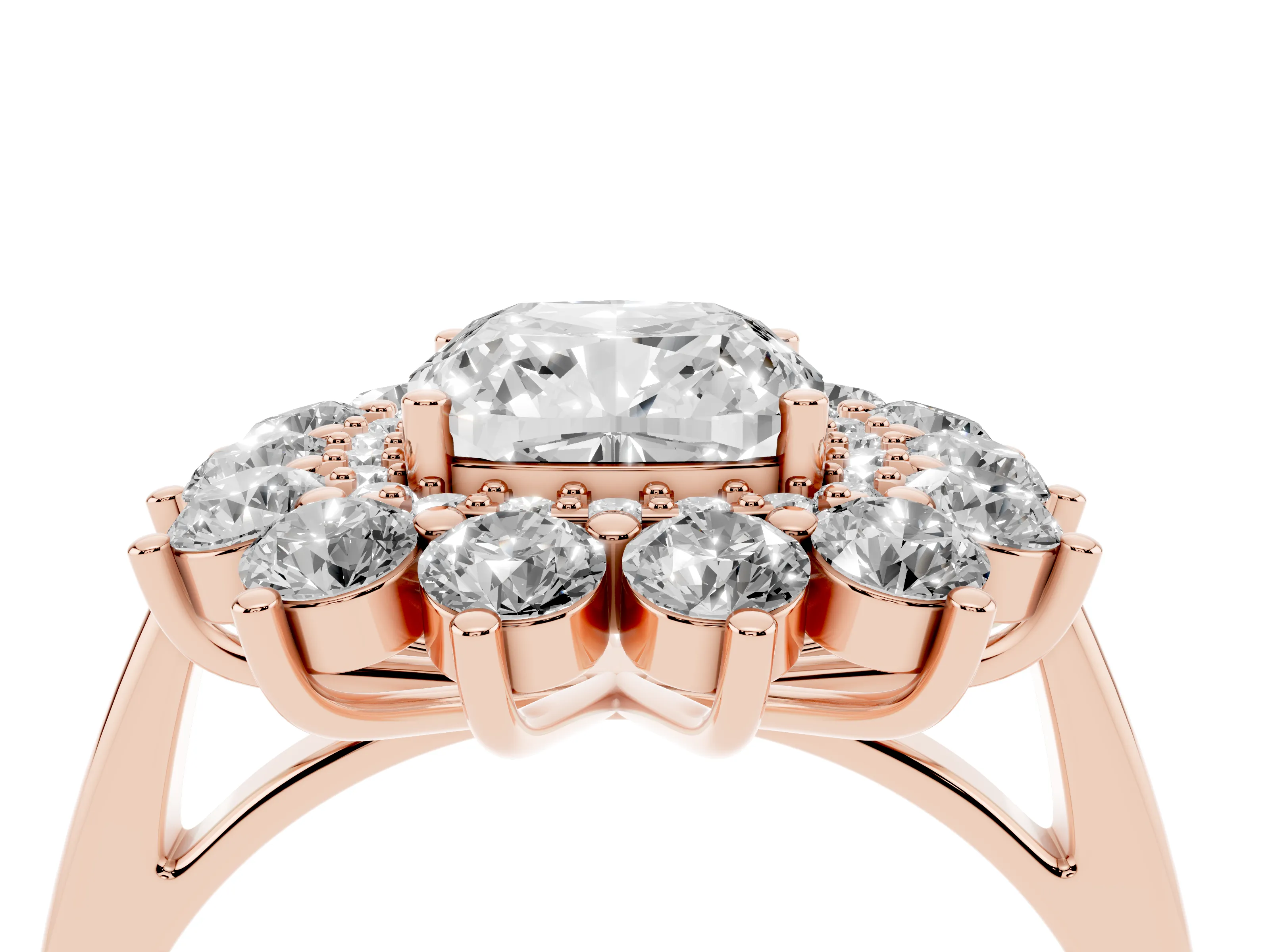 Cushion Cut Diamond Floral Double Halo Ring Set in Rose gold with Round Petals