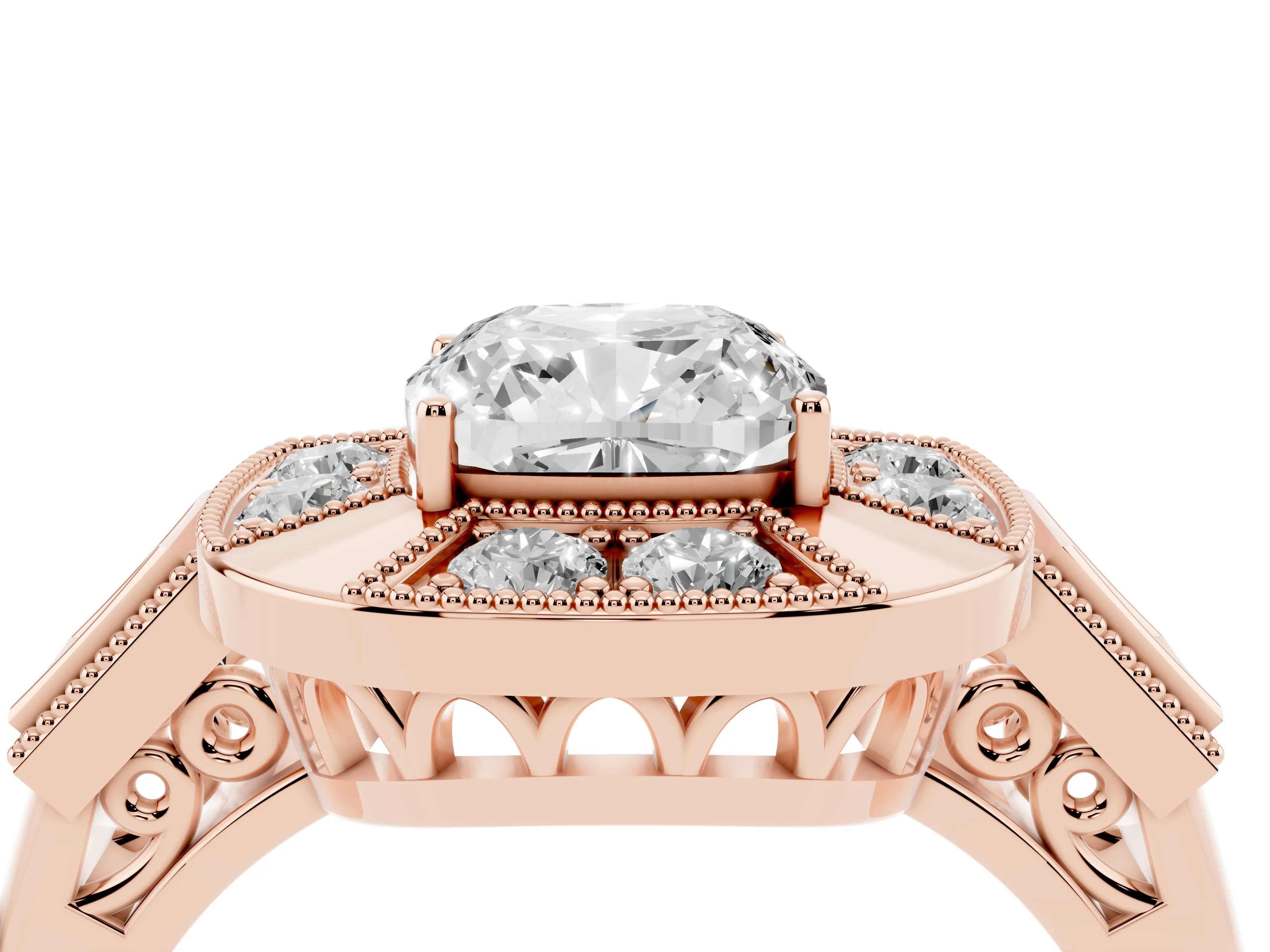 Cushion Cut Diamond Milgrain Halo Ring Set in Rose gold with Split Shank