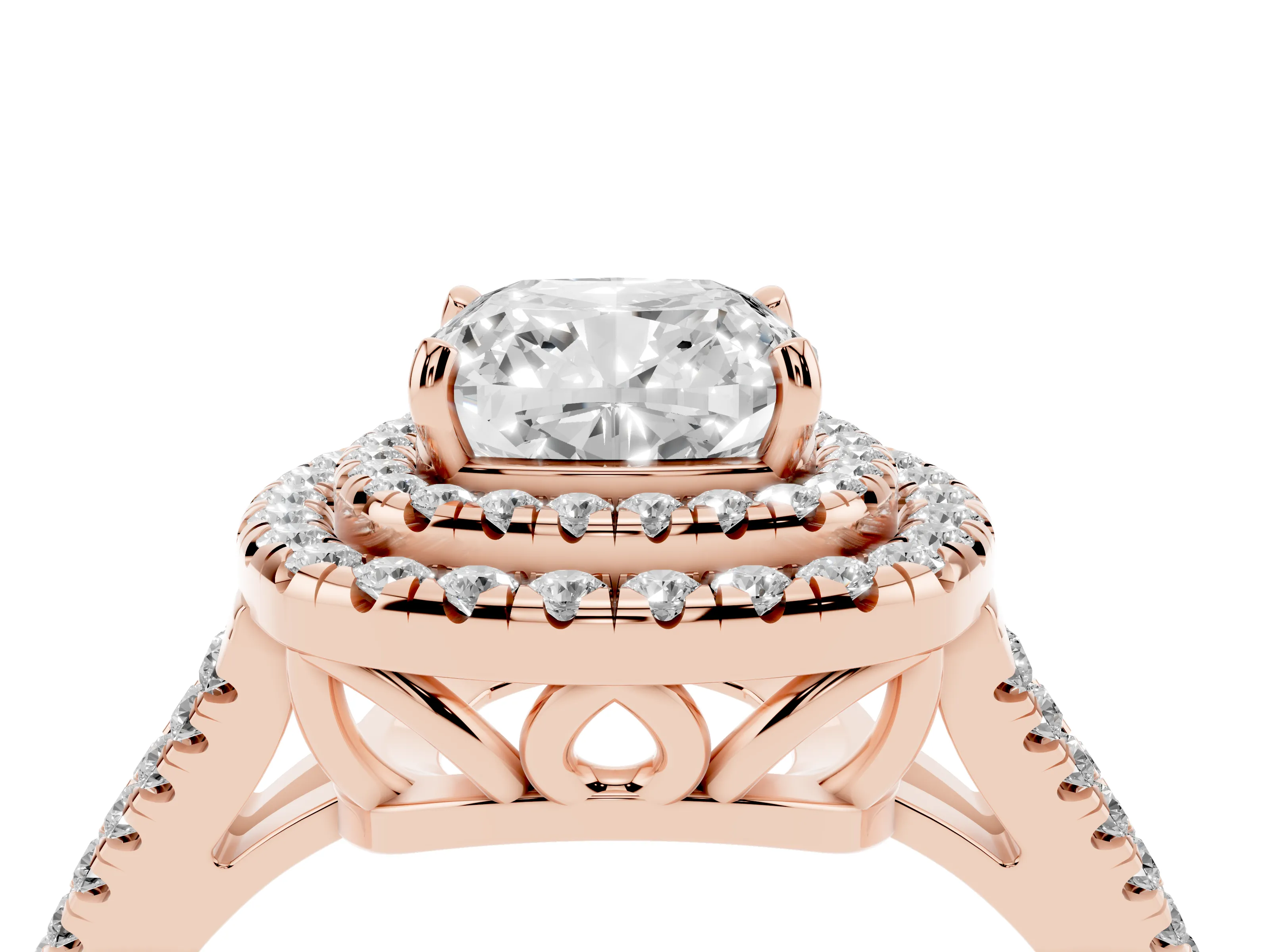 Cushion Cut Diamond Double Halo Ring Set in Rose gold with Pavé Band