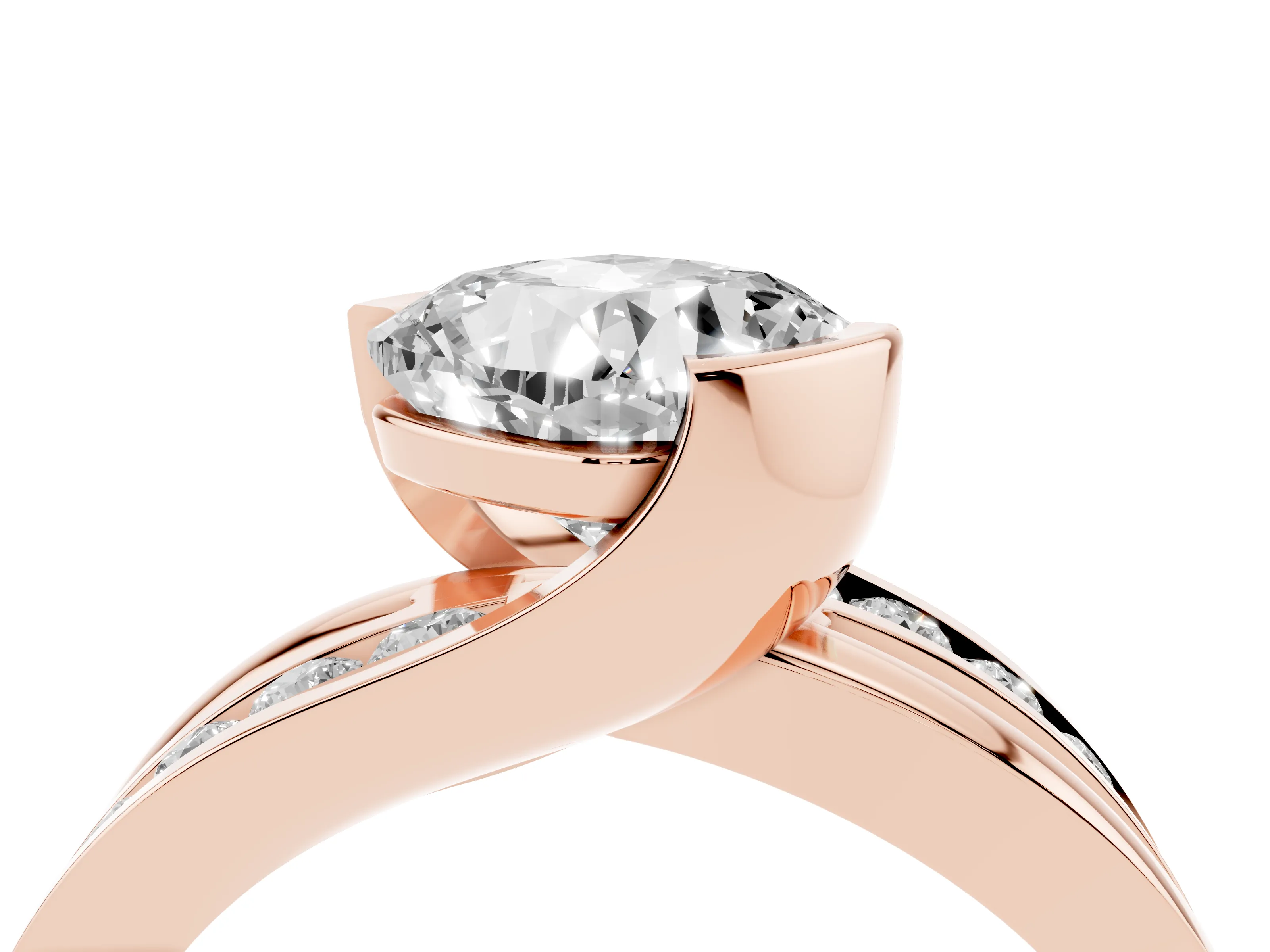 Cushion Cut Diamond Solitaire Ring Set in Rose gold with Channel Set Split Shank and Tension Prongs