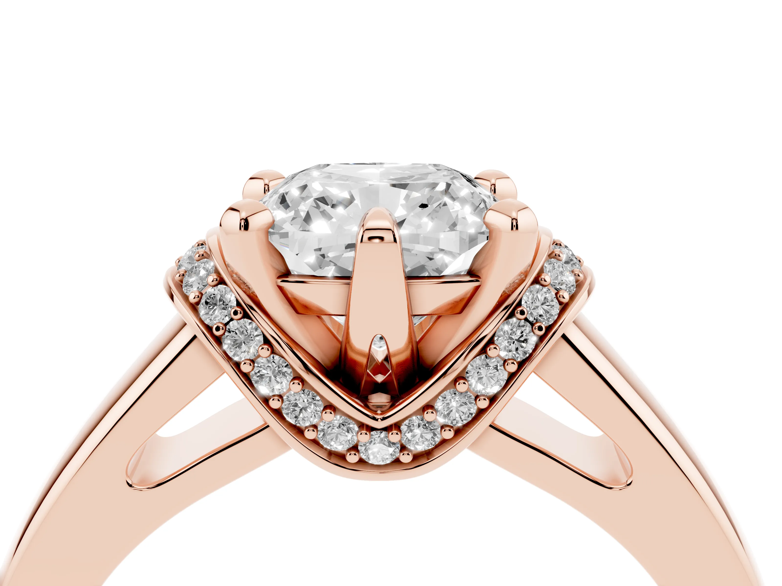 Cushion Cut Diamond Pavé Band Solitaire Ring Set in Rose gold with Prong Setting