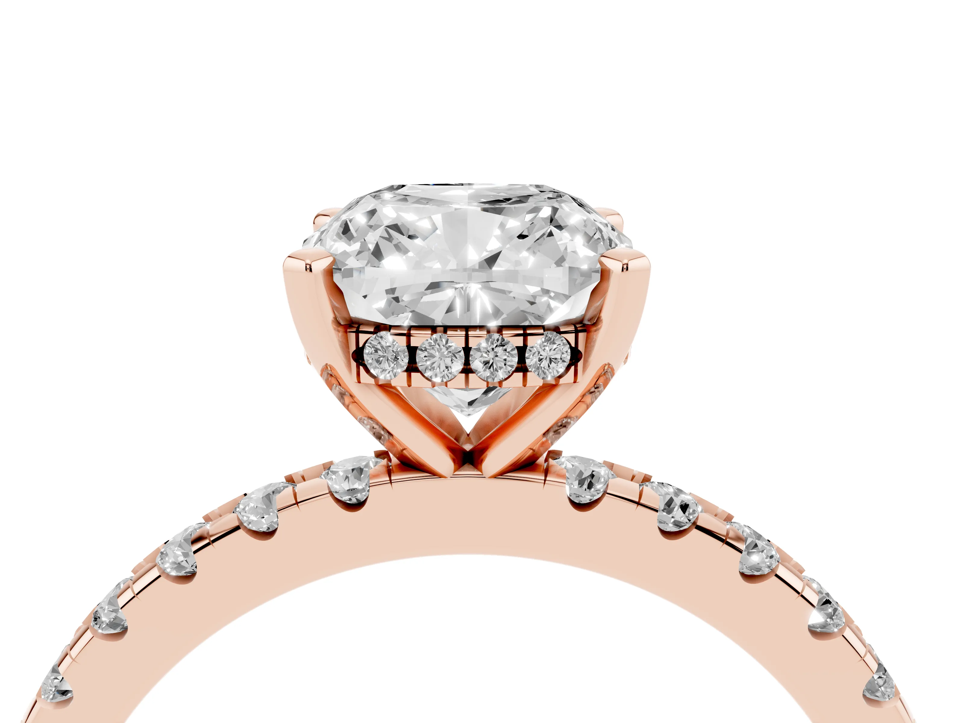 Cushion Cut Diamond Pavé Solitaire Ring Set in Rose gold with Round Band Accents and Prong Setting