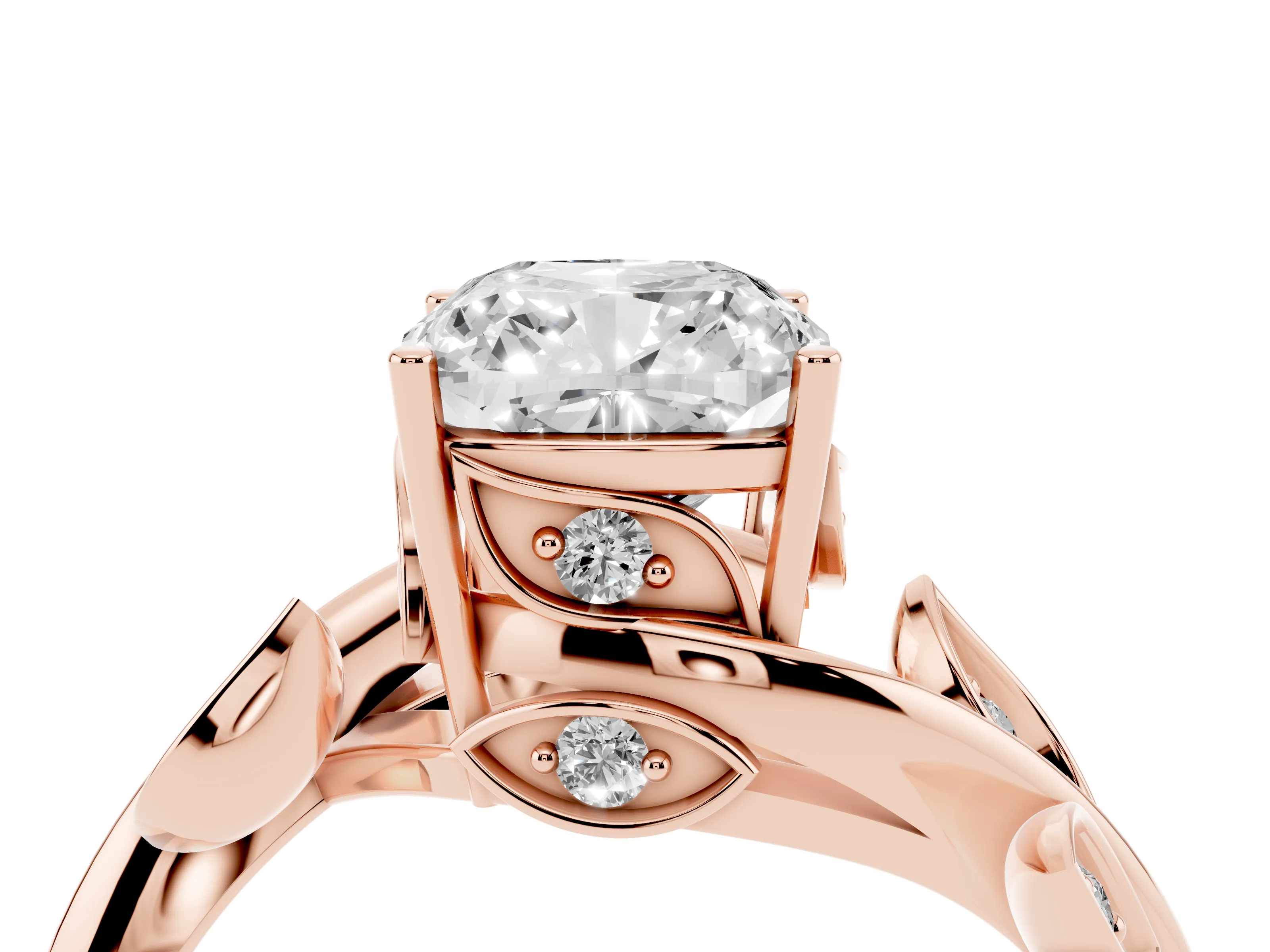 Cushion Cut Diamond Solitaire Twist Engagement Ring Set in Rose gold with Pavé Leaf Accents