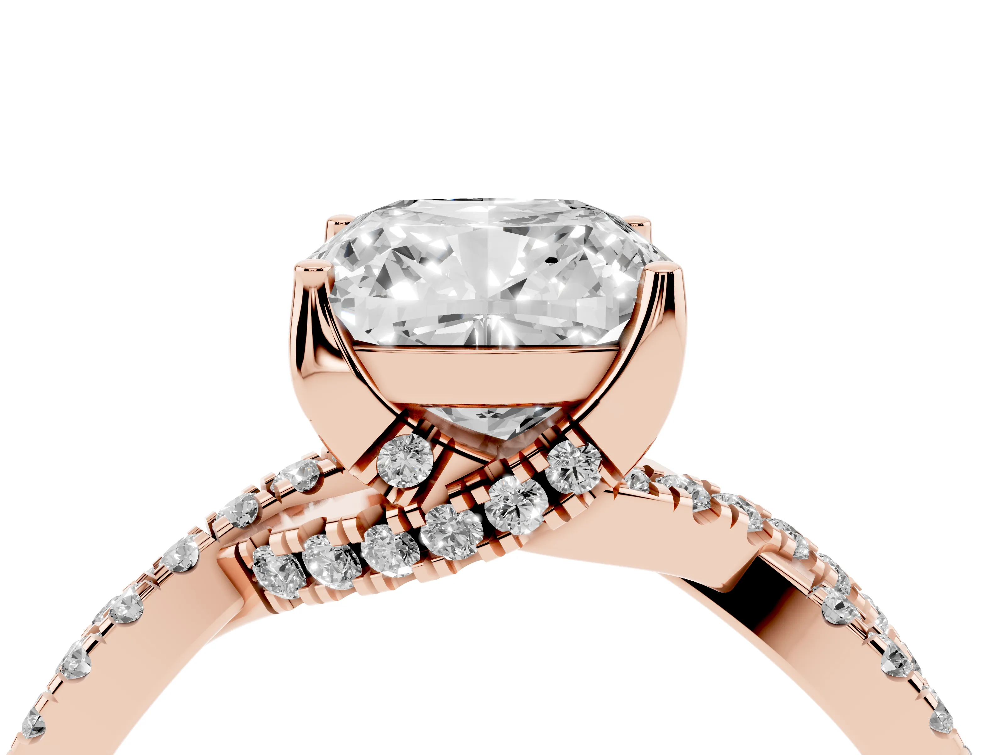 Cushion Cut Diamond Twist Pavé Solitaire Engagement Ring Set in Rose gold with Prong Setting