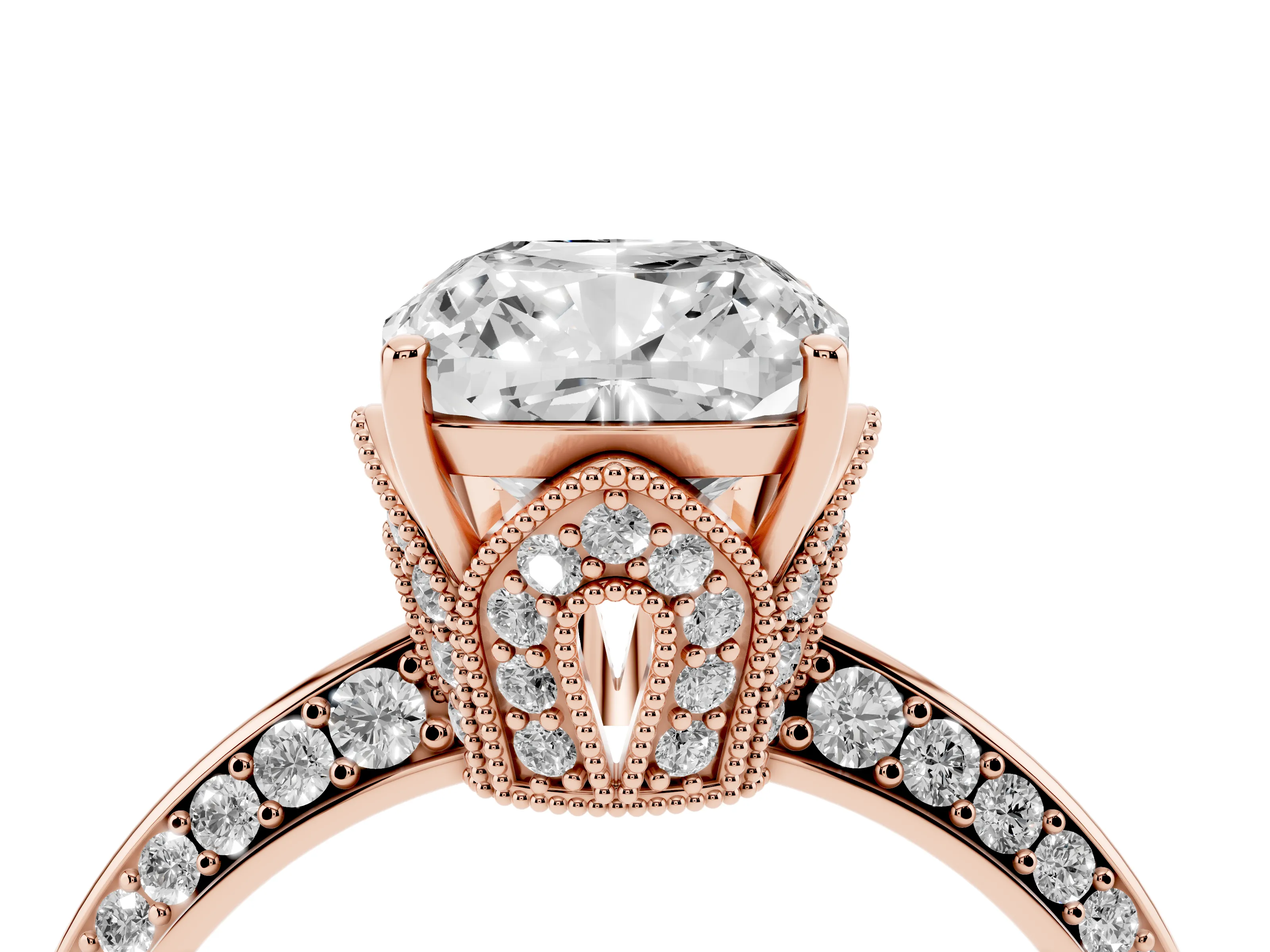 Cushion Cut Diamond Solitaire Engagement Ring Set in Rose gold with Pavé Split Shank and Prong Setting