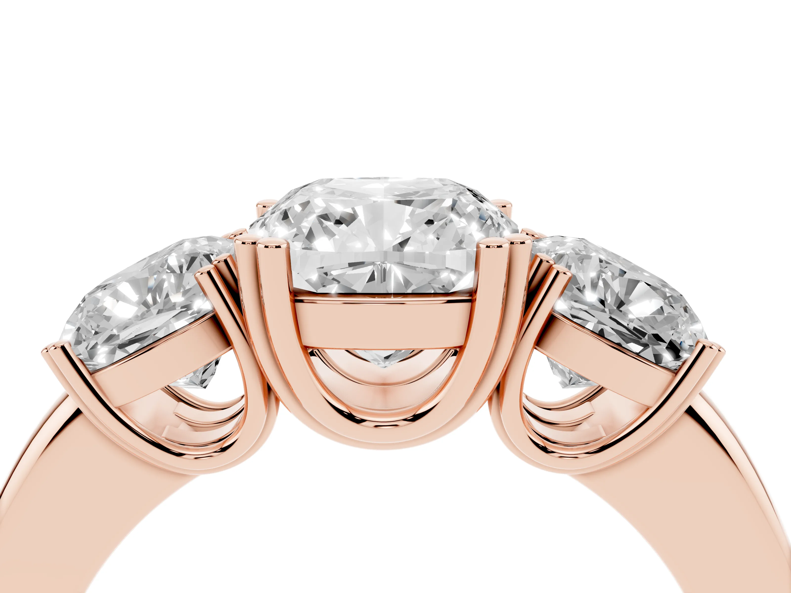 Cushion Cut Diamond Three-Stone Ring Set in Rose gold with Polished Band and Prong Setting