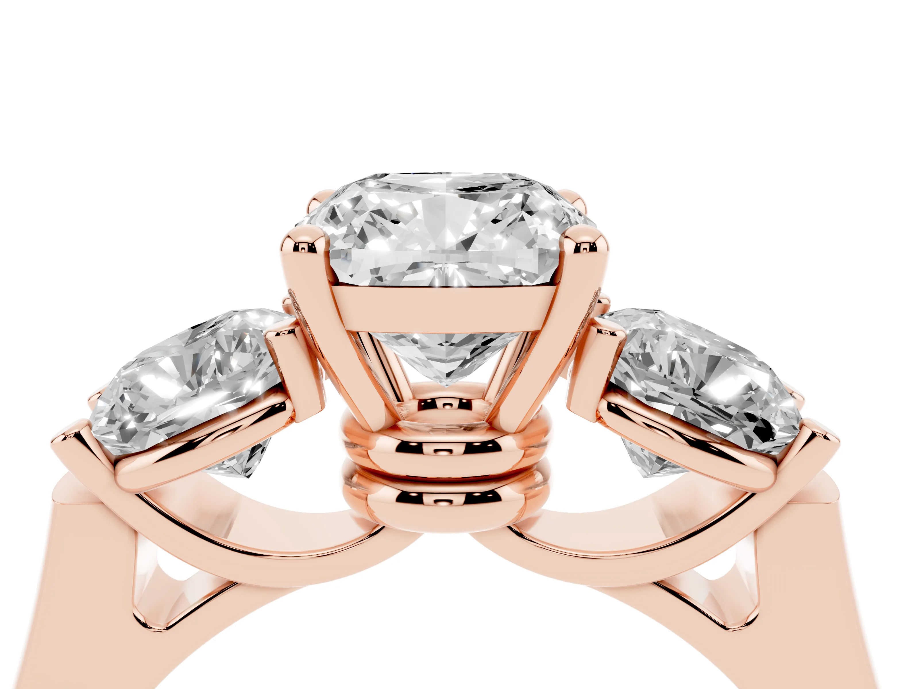 Cushion Cut Diamond Three-Stone Trellis Ring Set in Rose gold with Comfort Fit Band