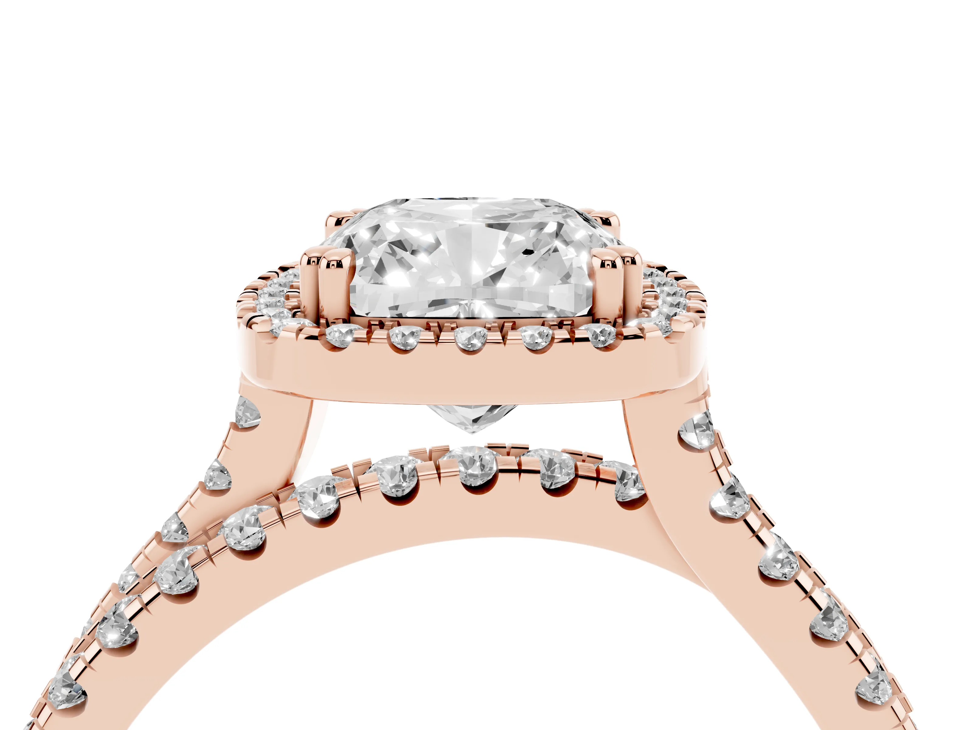 Cushion Cut Diamond Halo Split Shank Ring Set in Rose gold with Pavé Setting