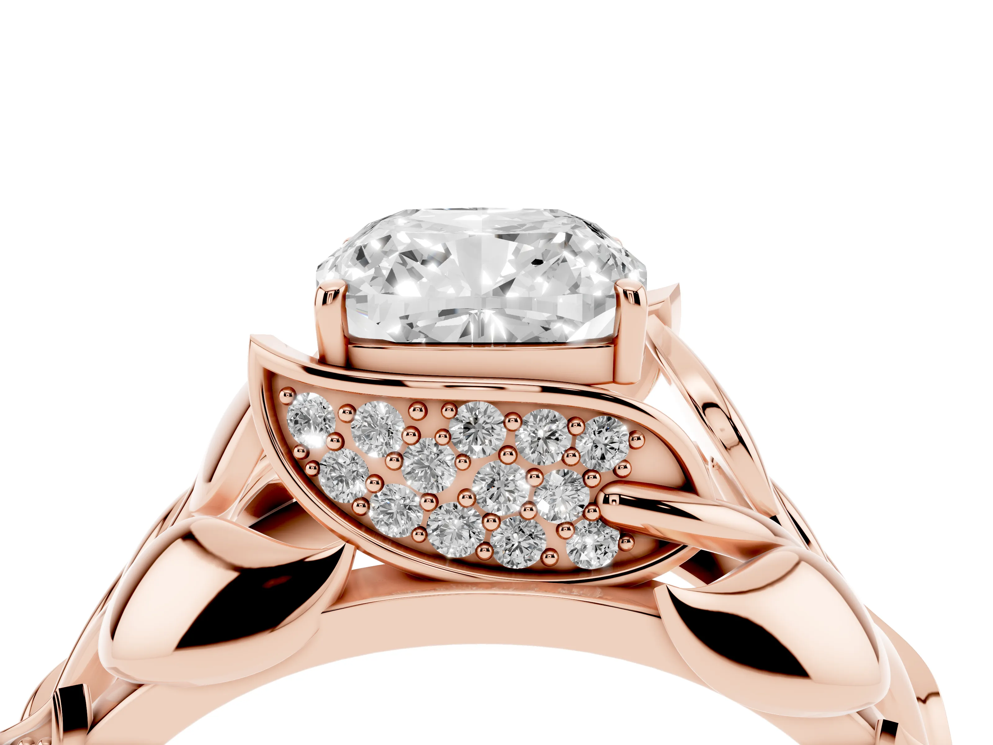 Cushion Cut Diamond Leaf-Inspired Engagement Ring Set in Rose gold with Round Accents