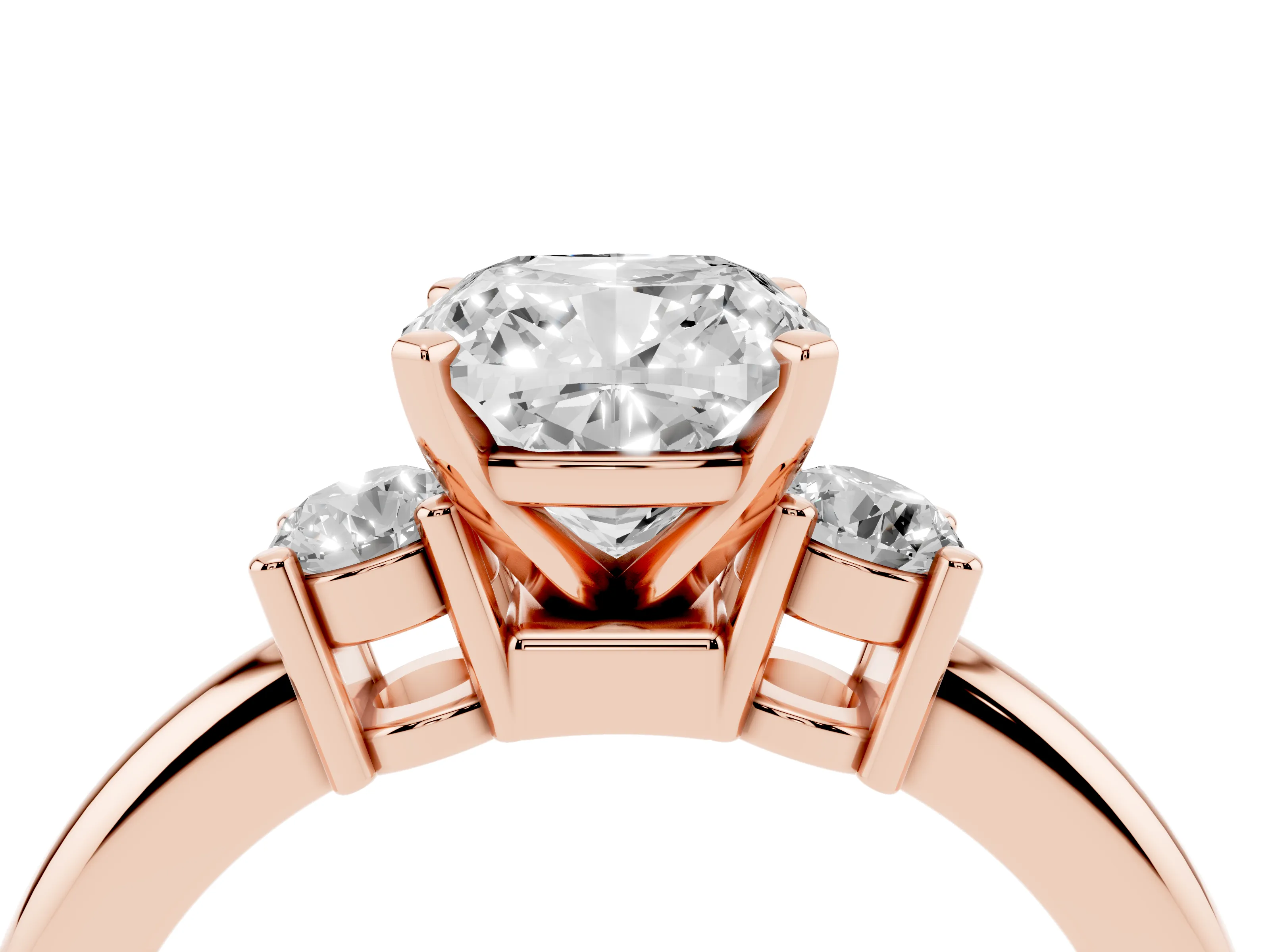 Three-Stone Cushion Cut Diamond Ring Set in Rose gold with Prong Setting and Plain Band