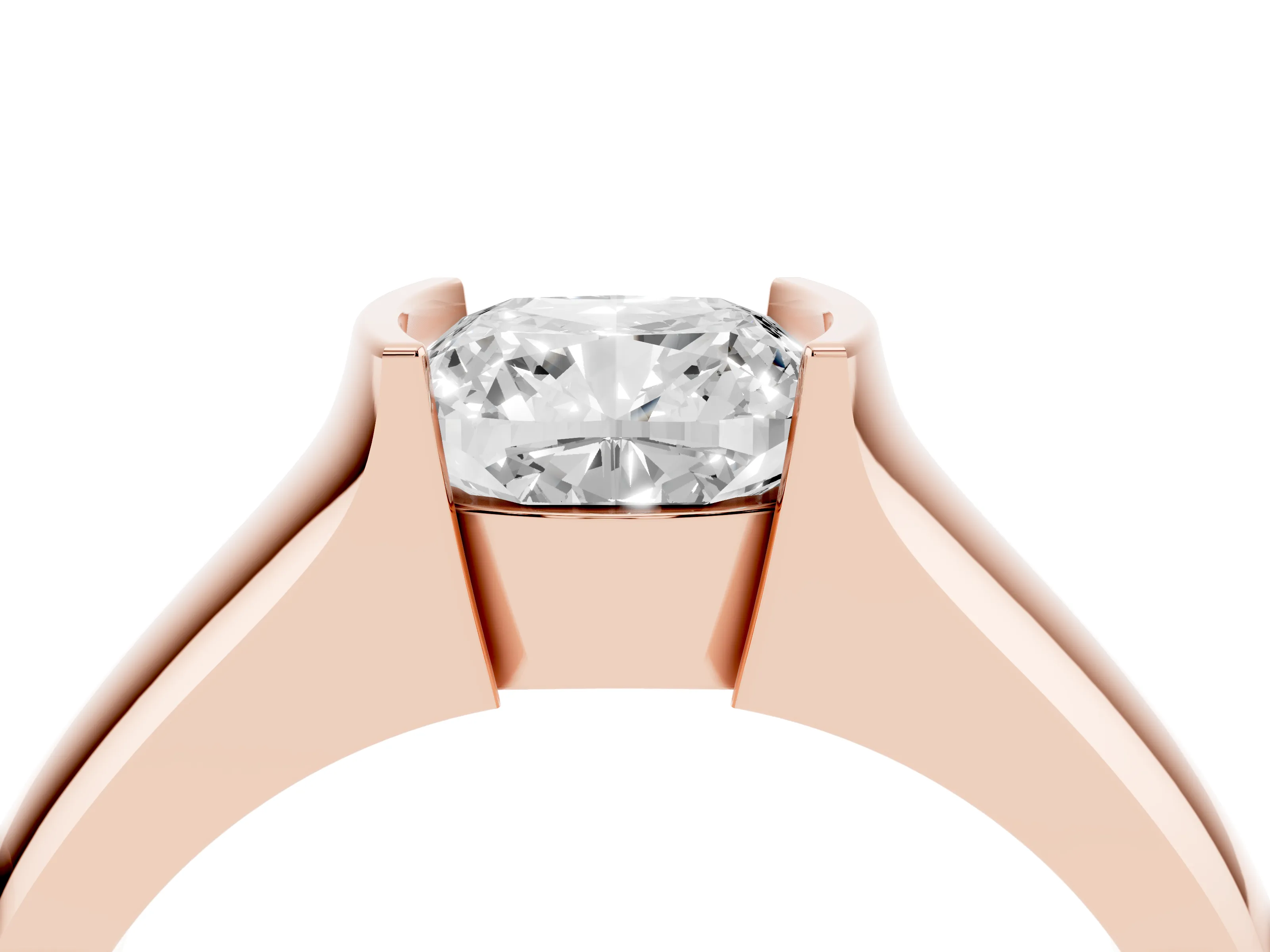 Cushion Cut Diamond Bezel Solitaire Ring Set in Rose gold with Wide Band