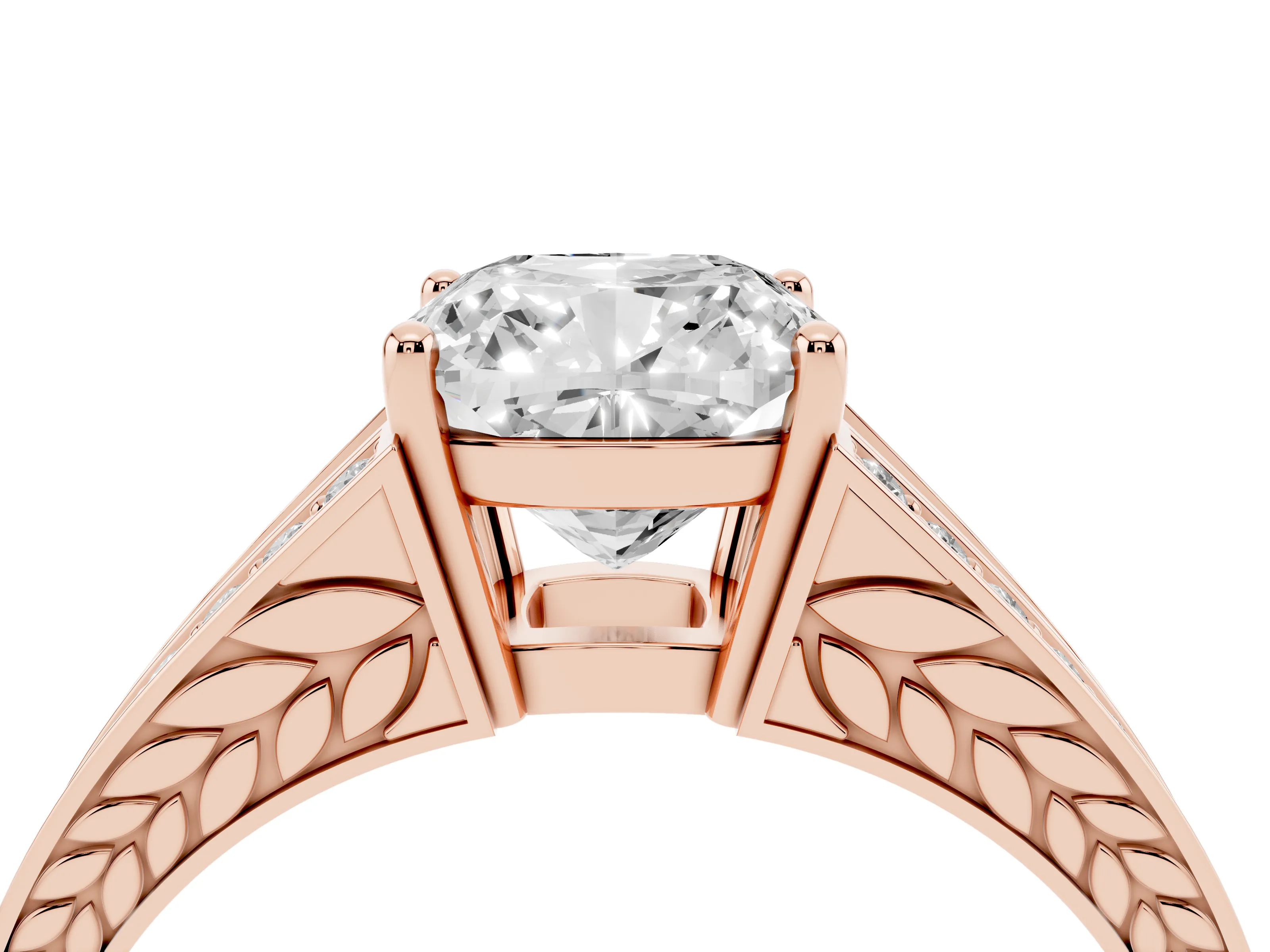Cushion Cut Diamond Split Shank Ring Set in Rose gold with Pavé Band and Prong Setting