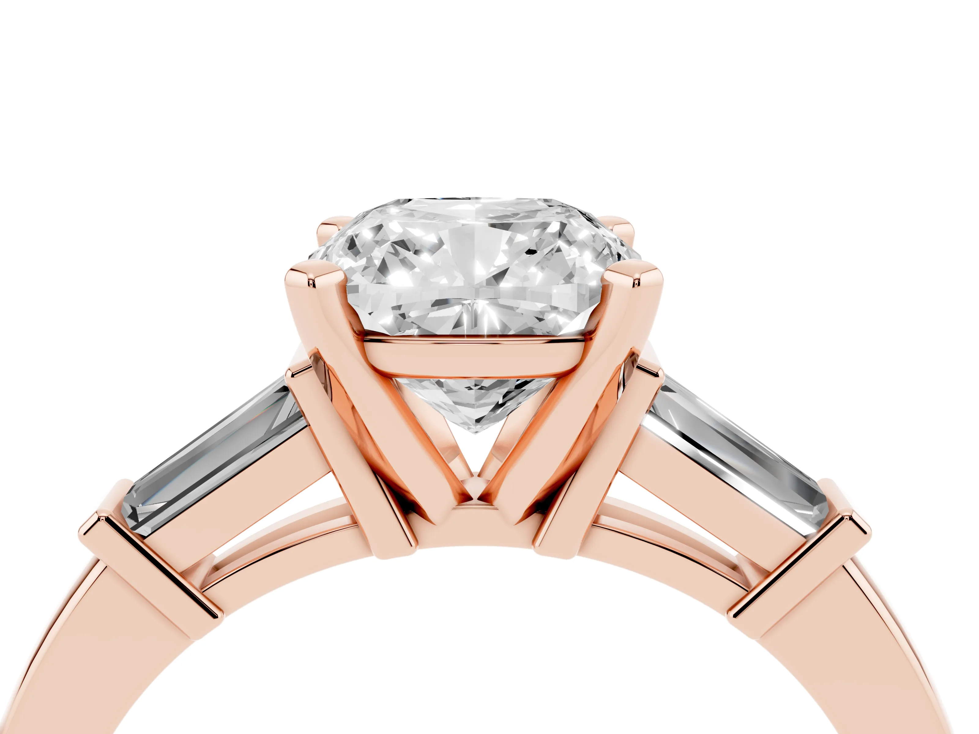 Cushion Cut Diamond Solitaire Ring Set in Rose gold with Tapered Baguette Accents and Prong Setting