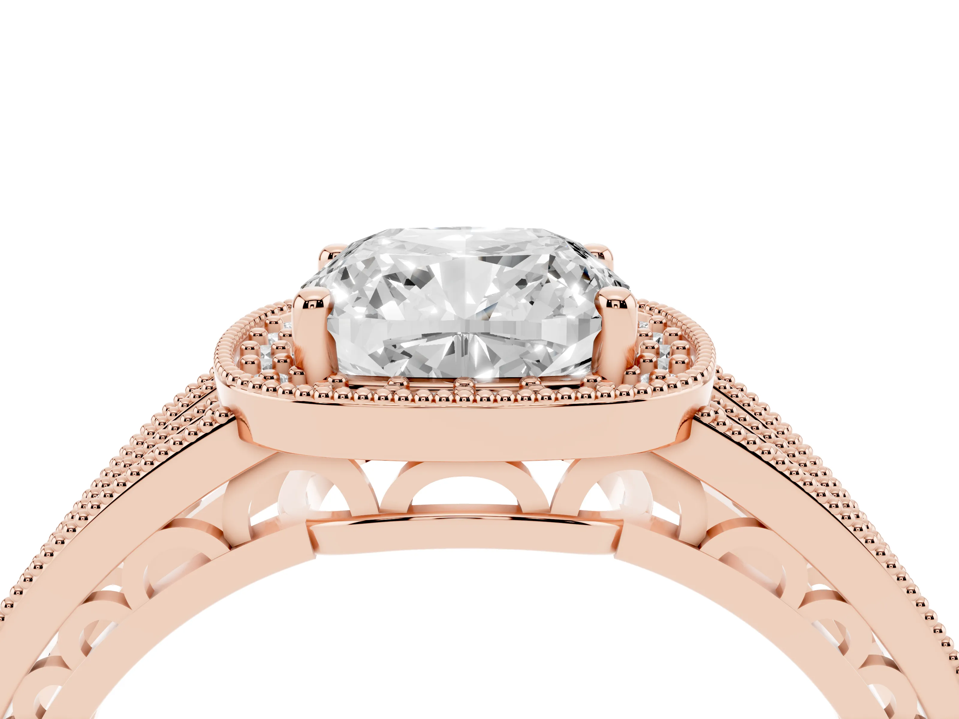 Cushion Cut Diamond Halo Ring Set in Rose gold with Accent Split Shank and Prong Setting