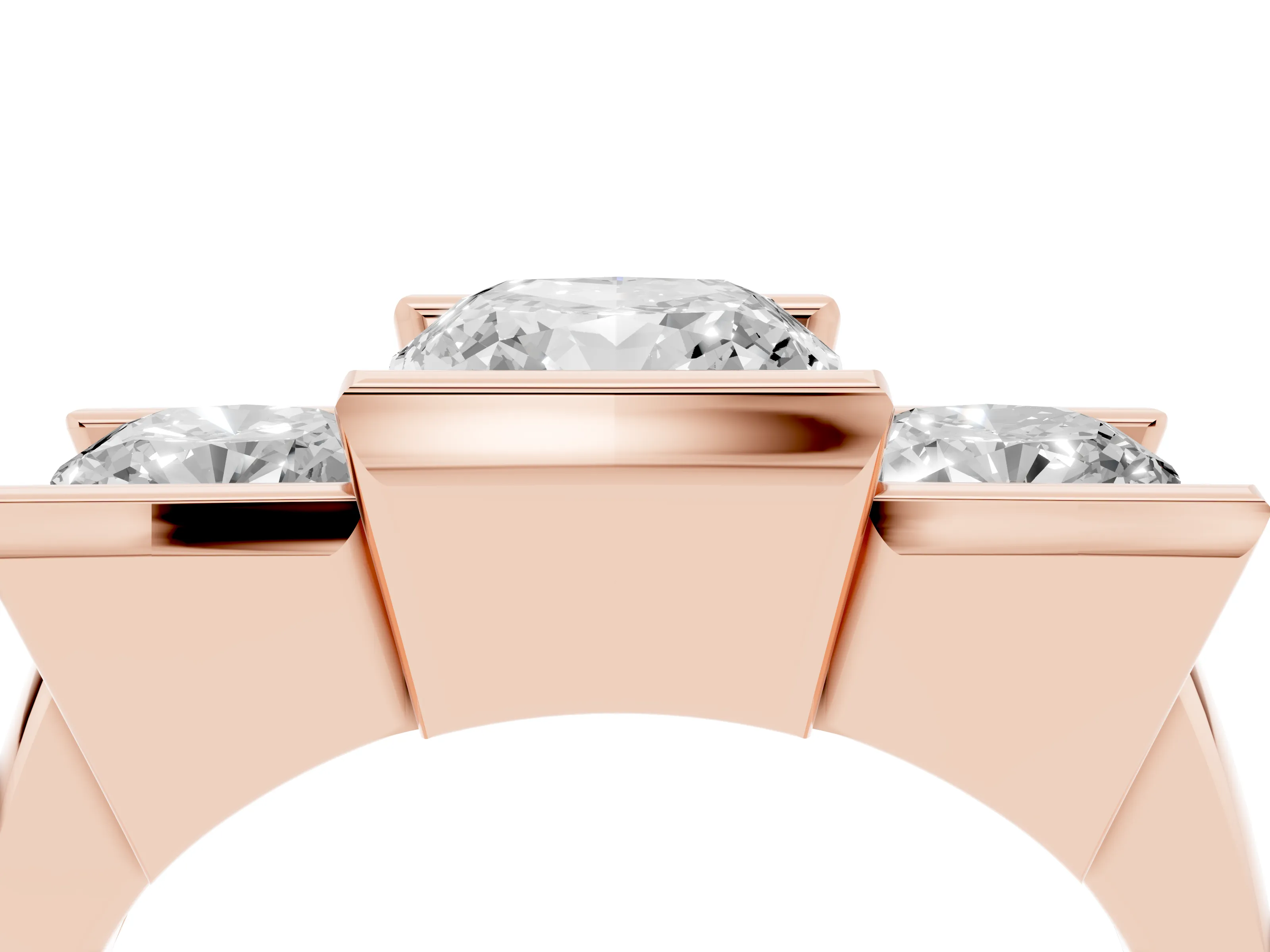 Cushion Cut Diamond Three-Stone Channel Set Ring Set in Rose gold with Smooth Polished Band