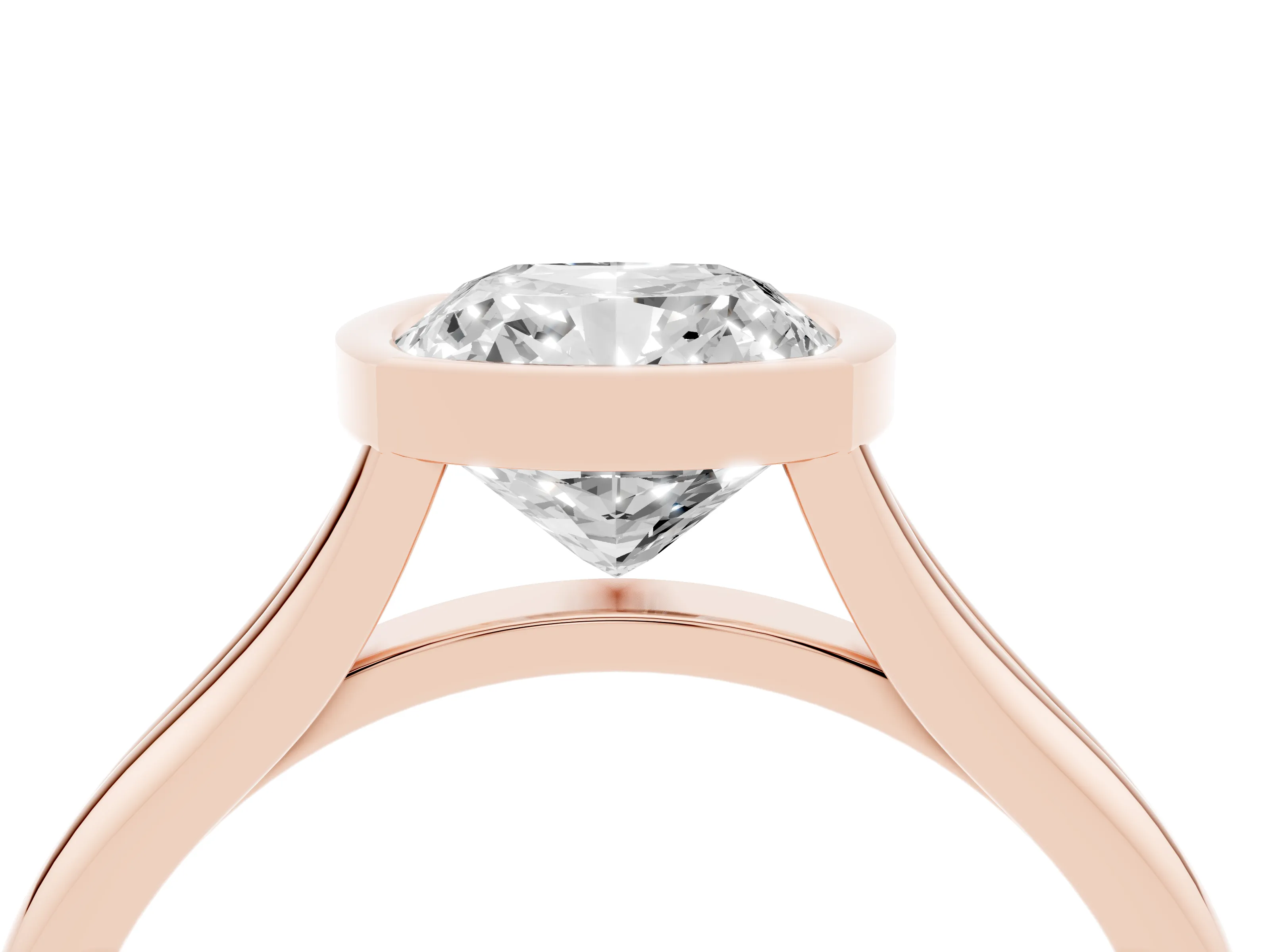 Bezel Set Cushion Cut Diamond Solitaire Ring Set in Rose gold with Tapered Band