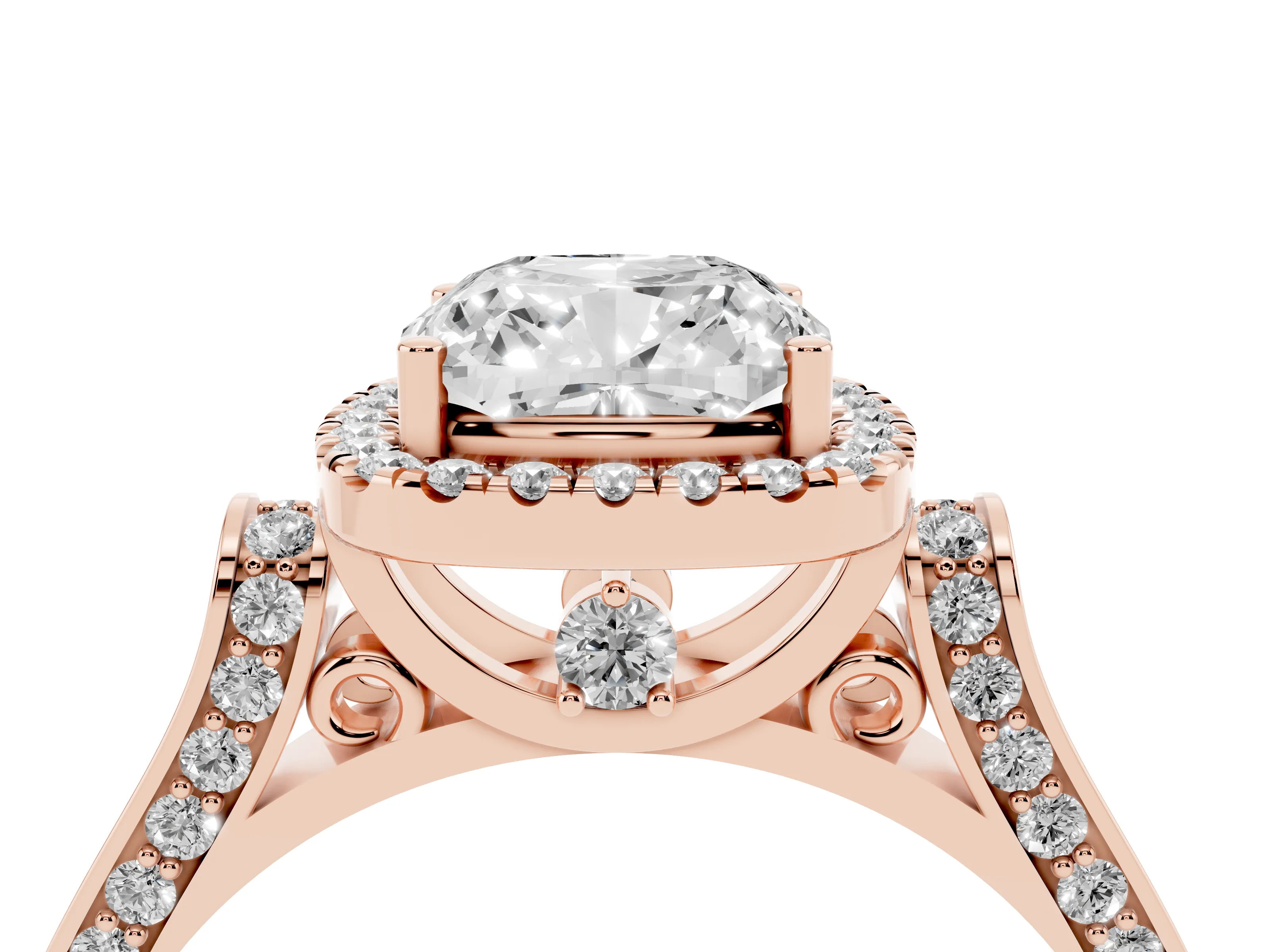 Cushion Cut Diamond Halo Ring Set in Rose gold with Pavé-Lined Split Shank Band