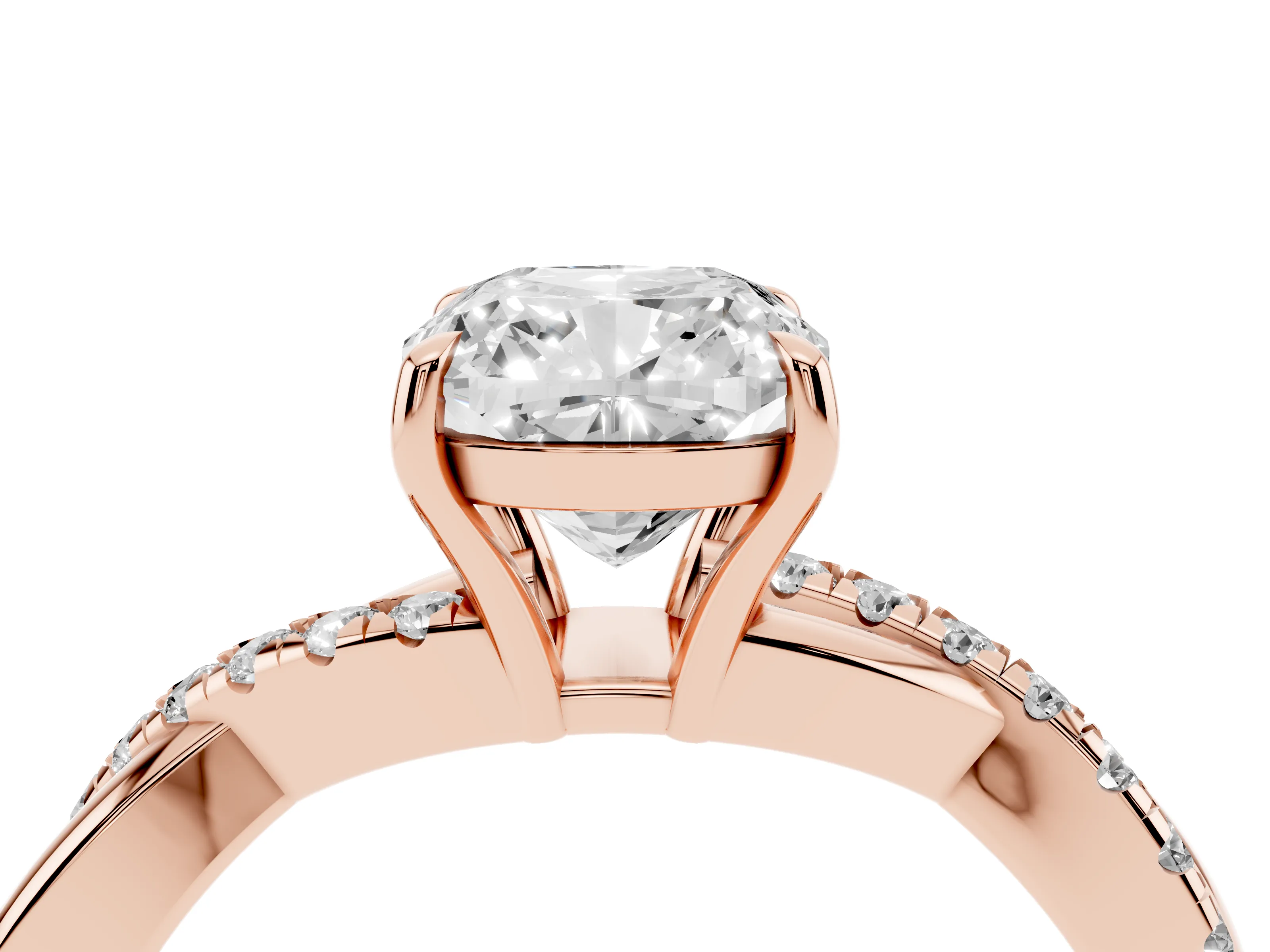Cushion Cut Diamond Twisted Pavé Band Ring Set in Rose gold with Prong Setting