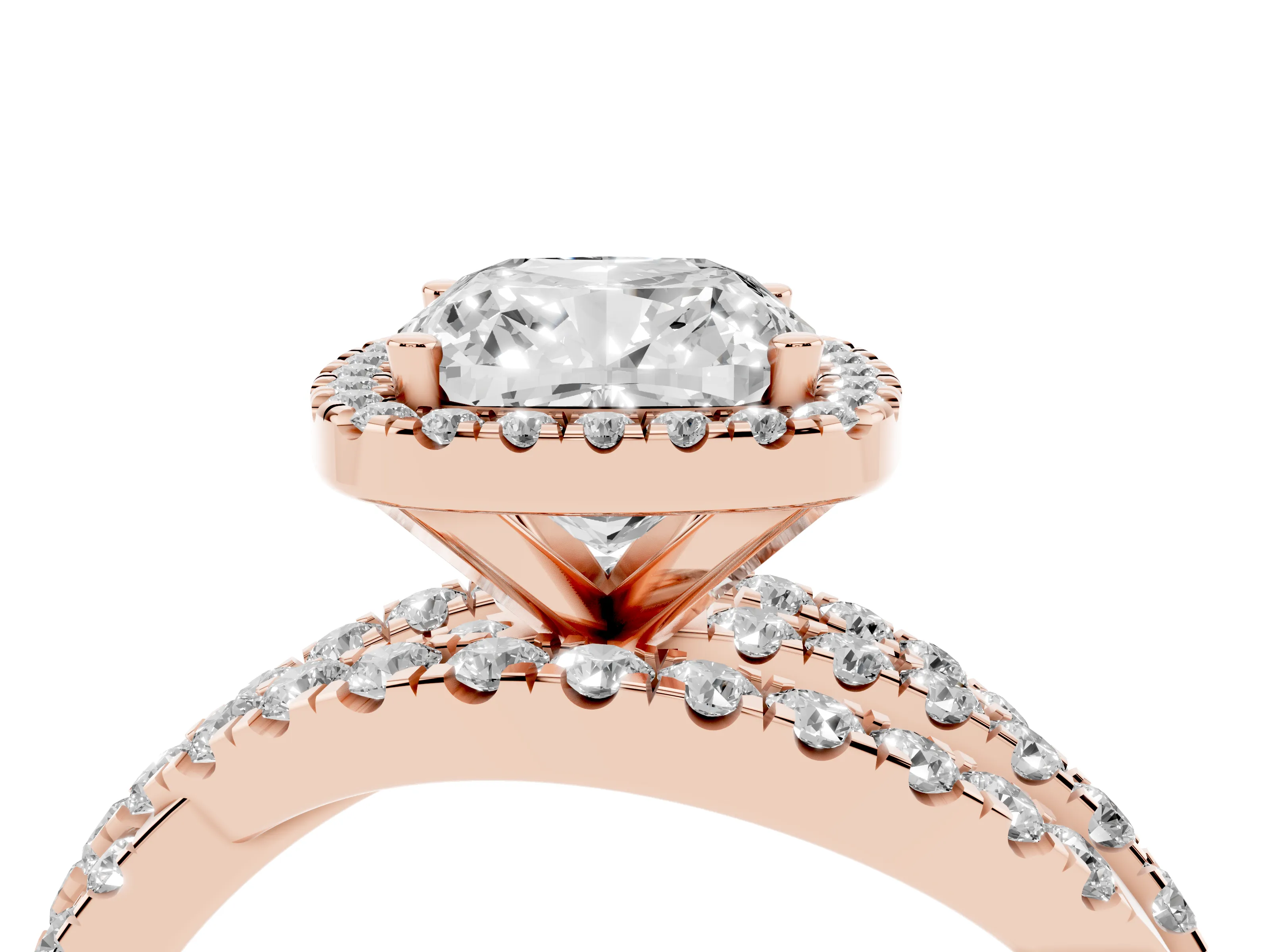 Cushion Cut Diamond Halo Ring Set in Rose gold with Round Crossover Split Shank and Prong Setting