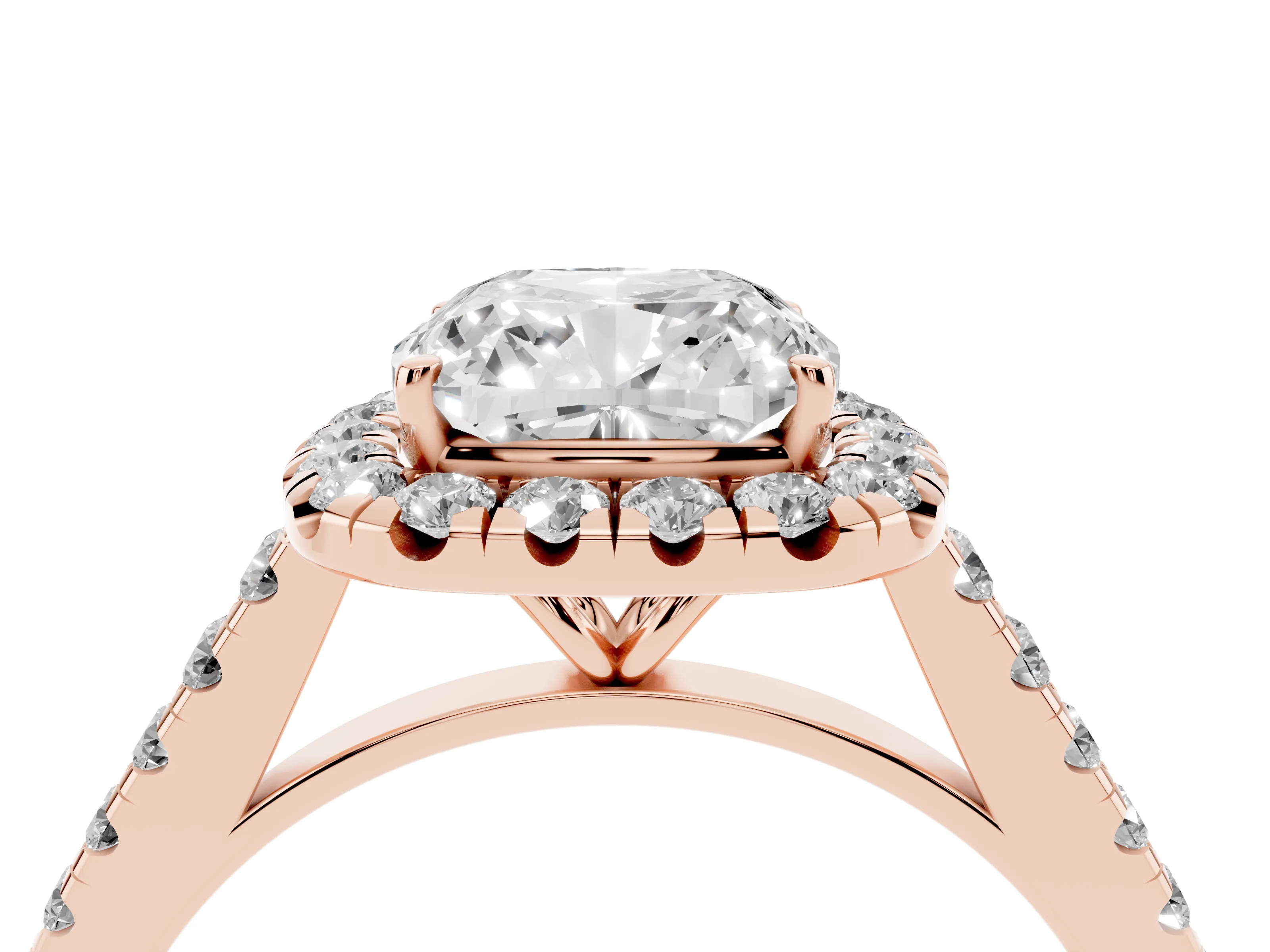 Cushion Cut Diamond Halo Pavé Engagement Ring Set in Rose gold with Prong Setting