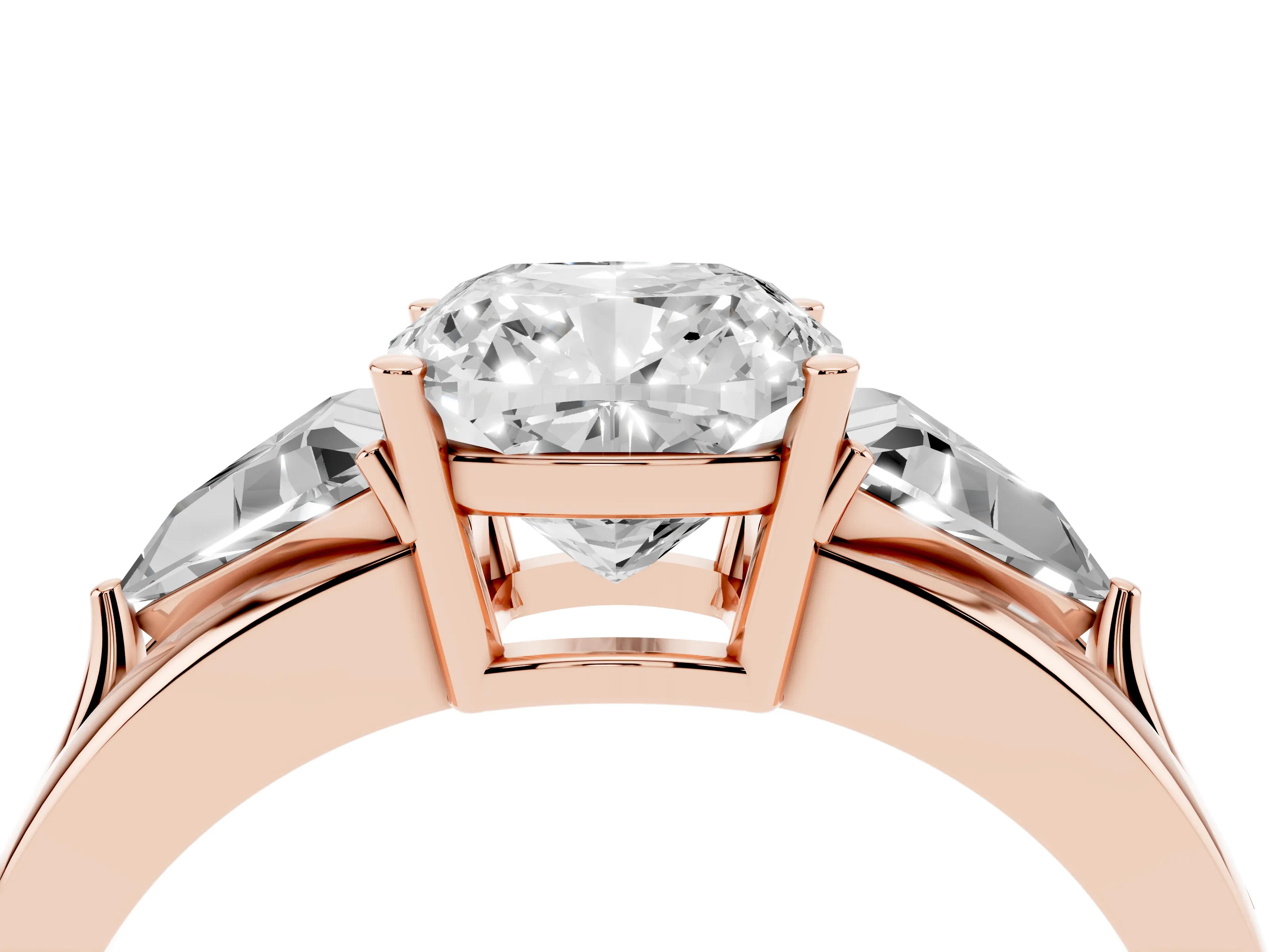 Cushion Cut Diamond Three-Stone Ring Set in Rose gold with Trillion Side Stones and Split Shank