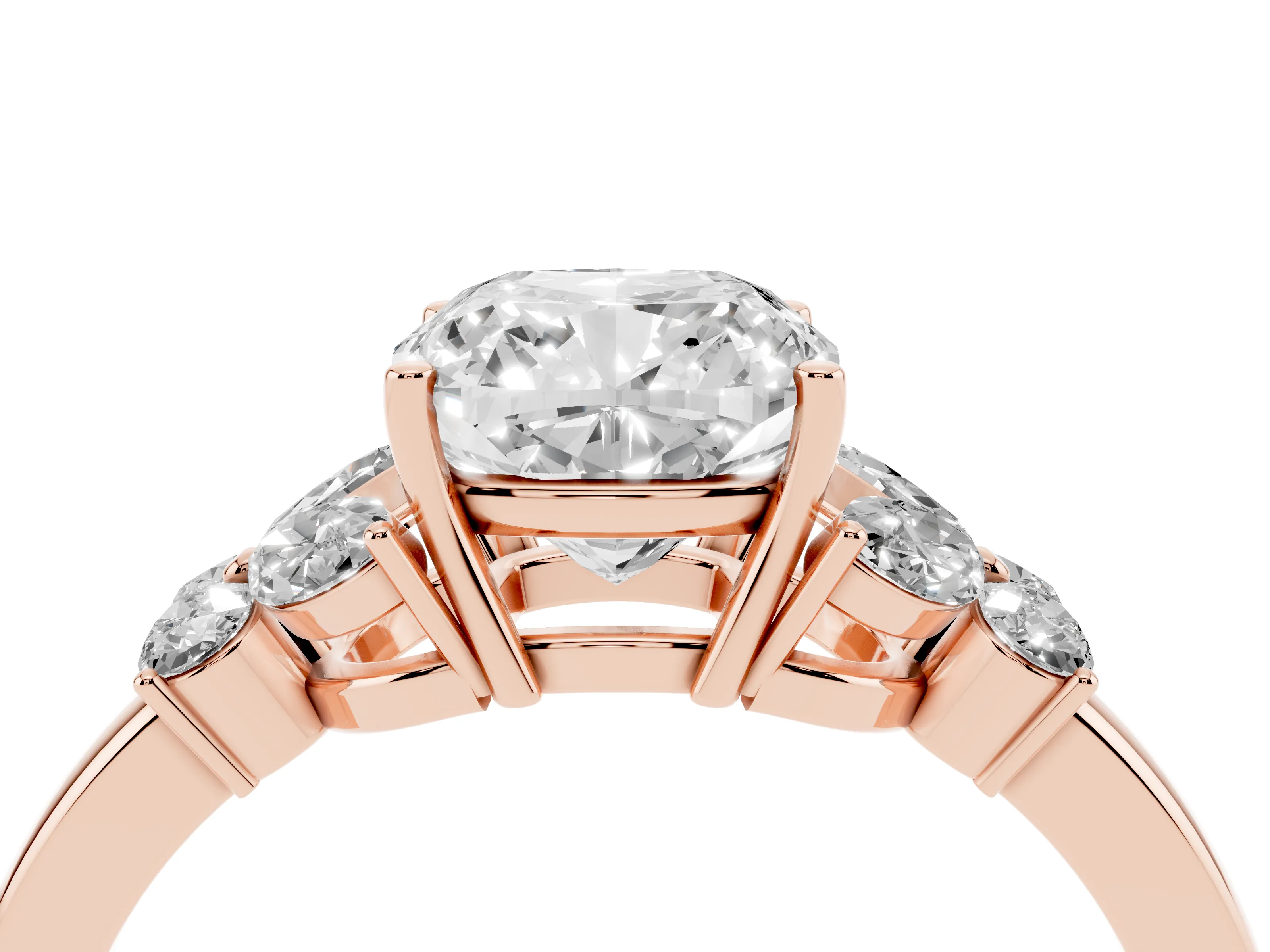Cushion Cut Diamond Solitaire Floral Ring Set in Rose gold with Marquise Petals and Prong Setting