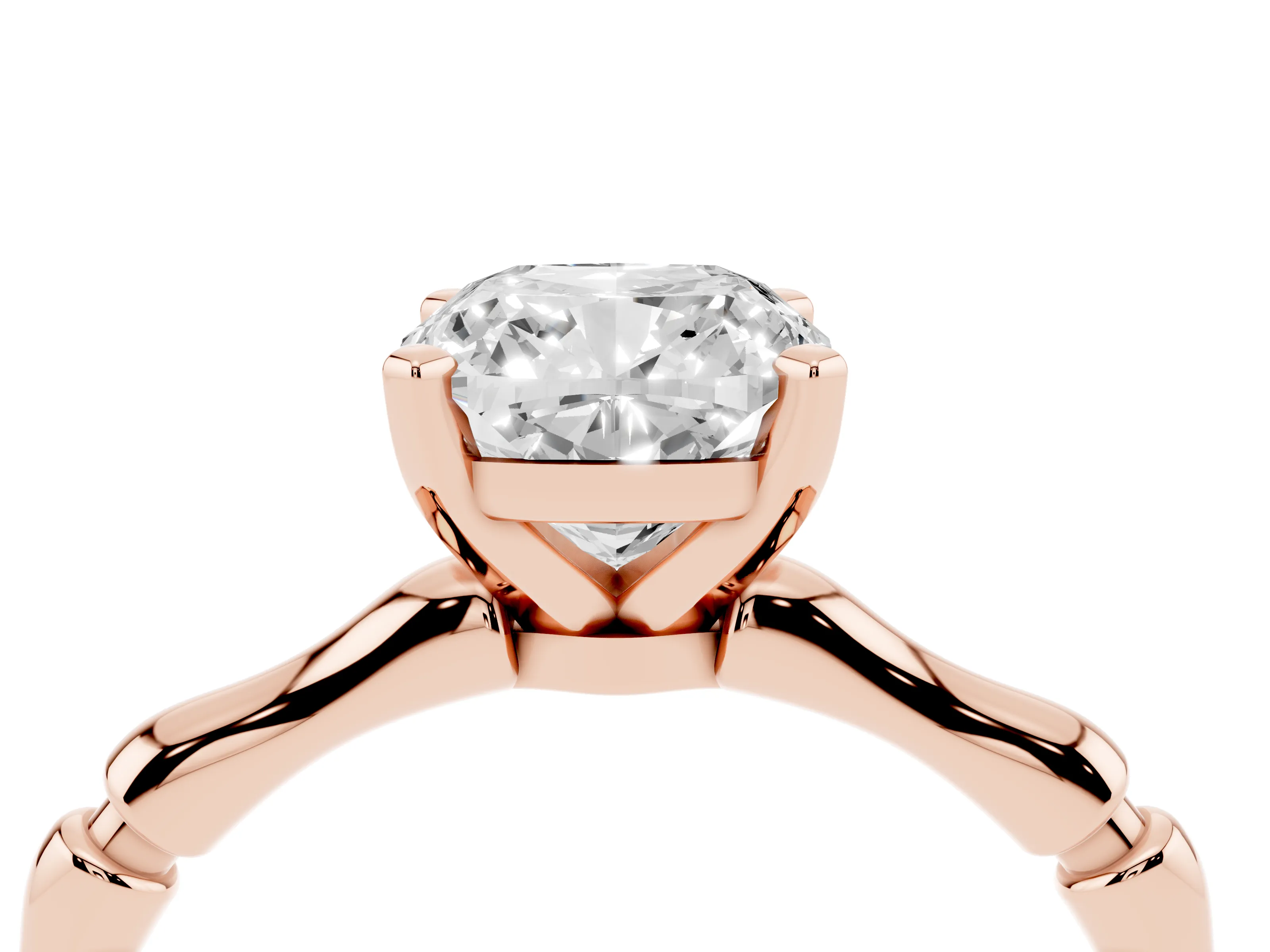 Cushion Cut Diamond Solitaire Ring Set in Rose gold with Bamboo Band and Prong Setting