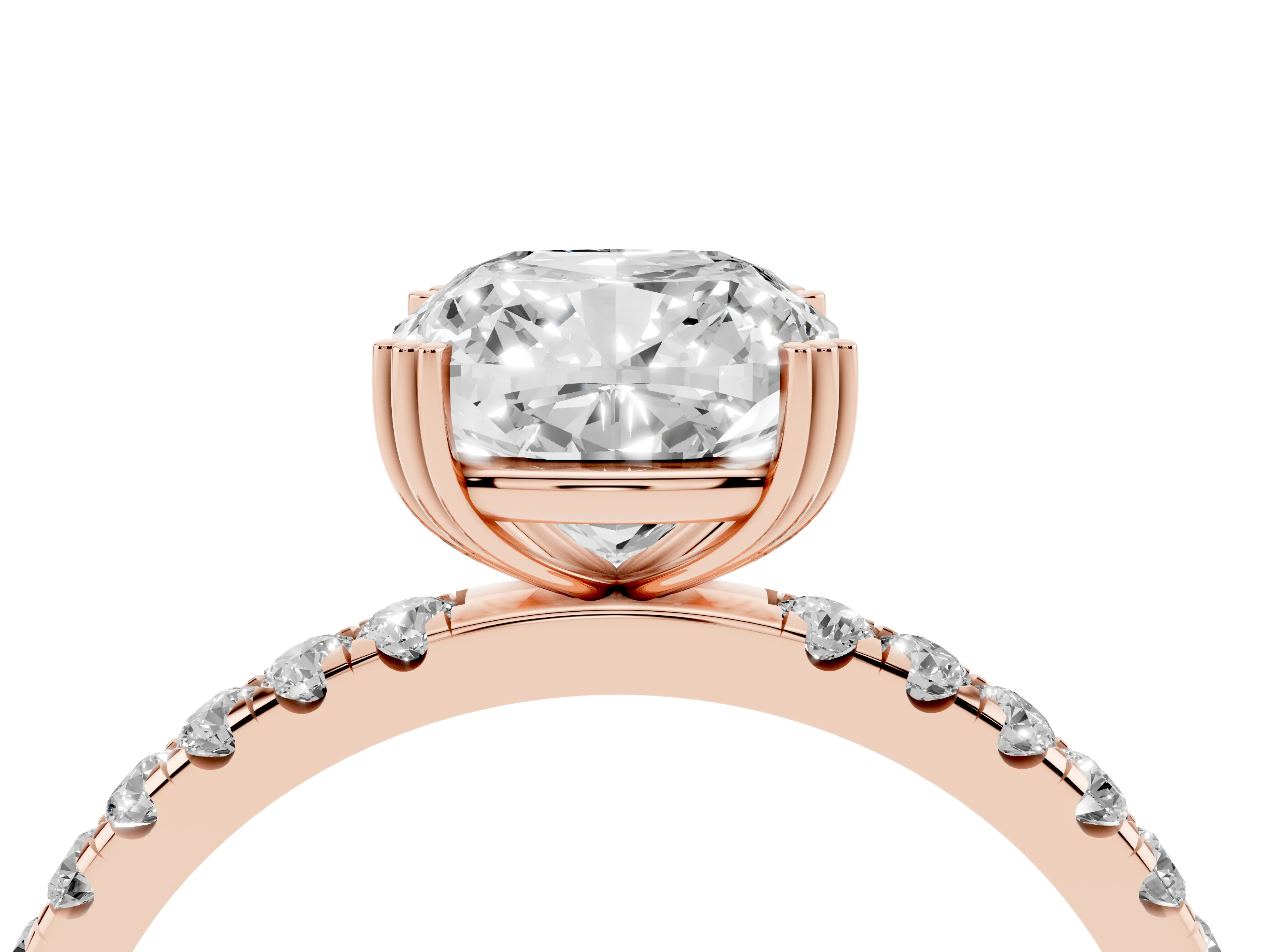 Cushion Cut Diamond Brilliant Solitaire Set in Rose gold with Pavé Band and Claw Prong Setting