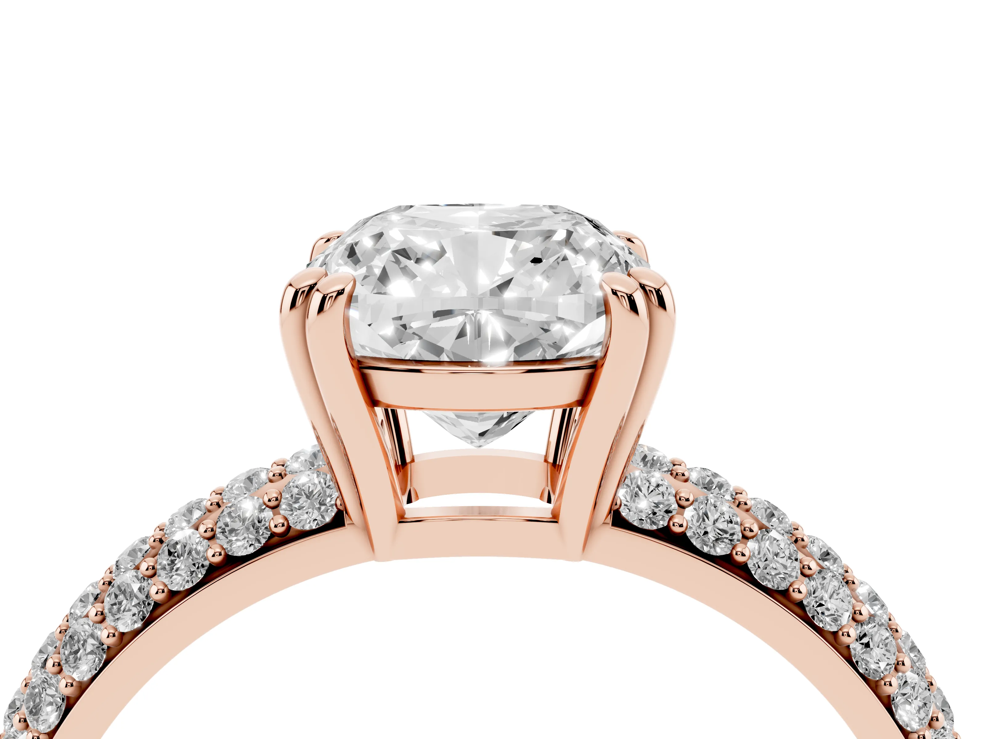 Cushion Cut Diamond Solitaire Ring Set in Rose gold with Multi-Row Round Pavé Band and Prong Setting
