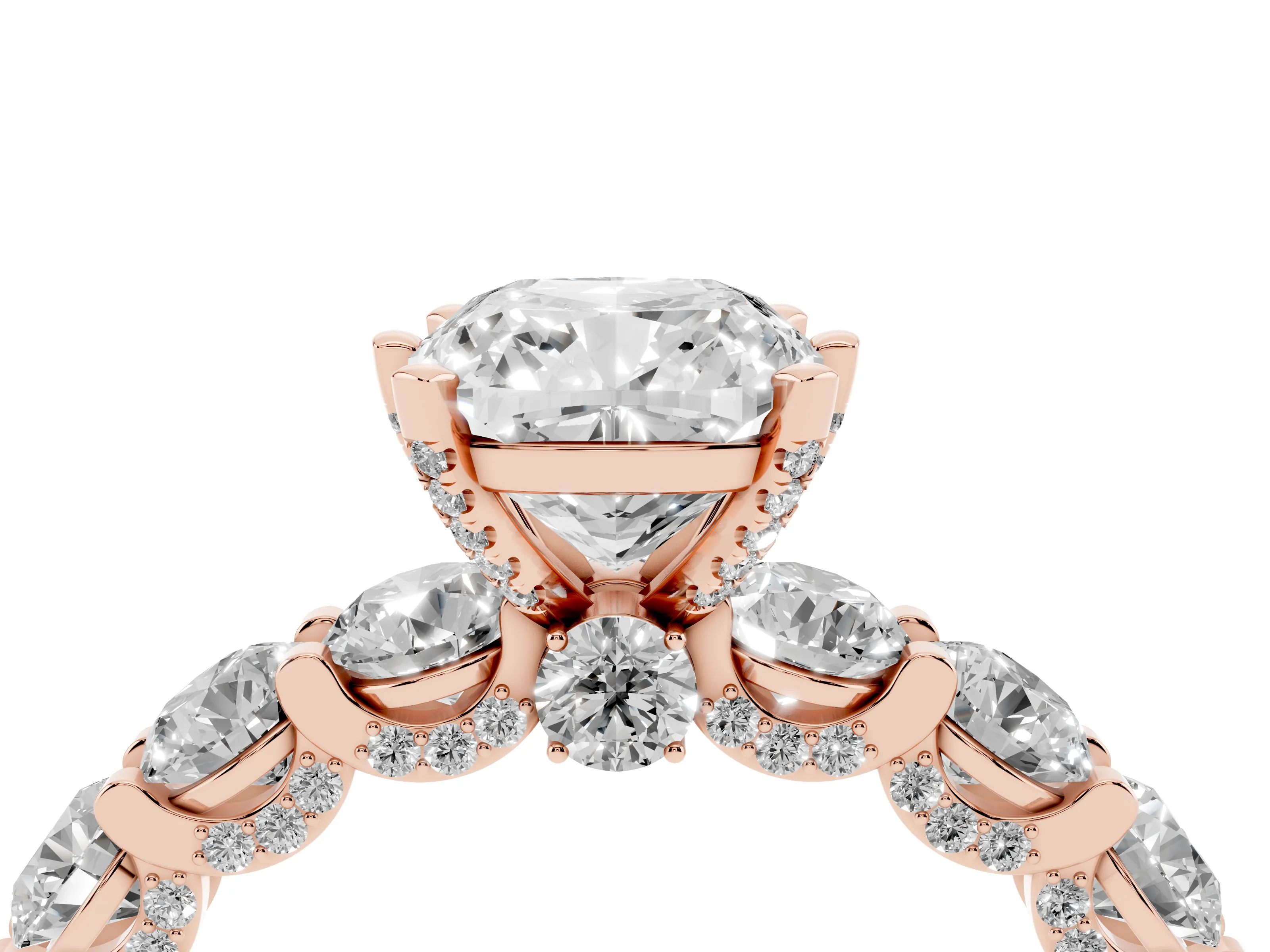 Cushion Cut Diamond Side Stone Ring Set in Rose gold with Alternating Round and Oval Side Stones