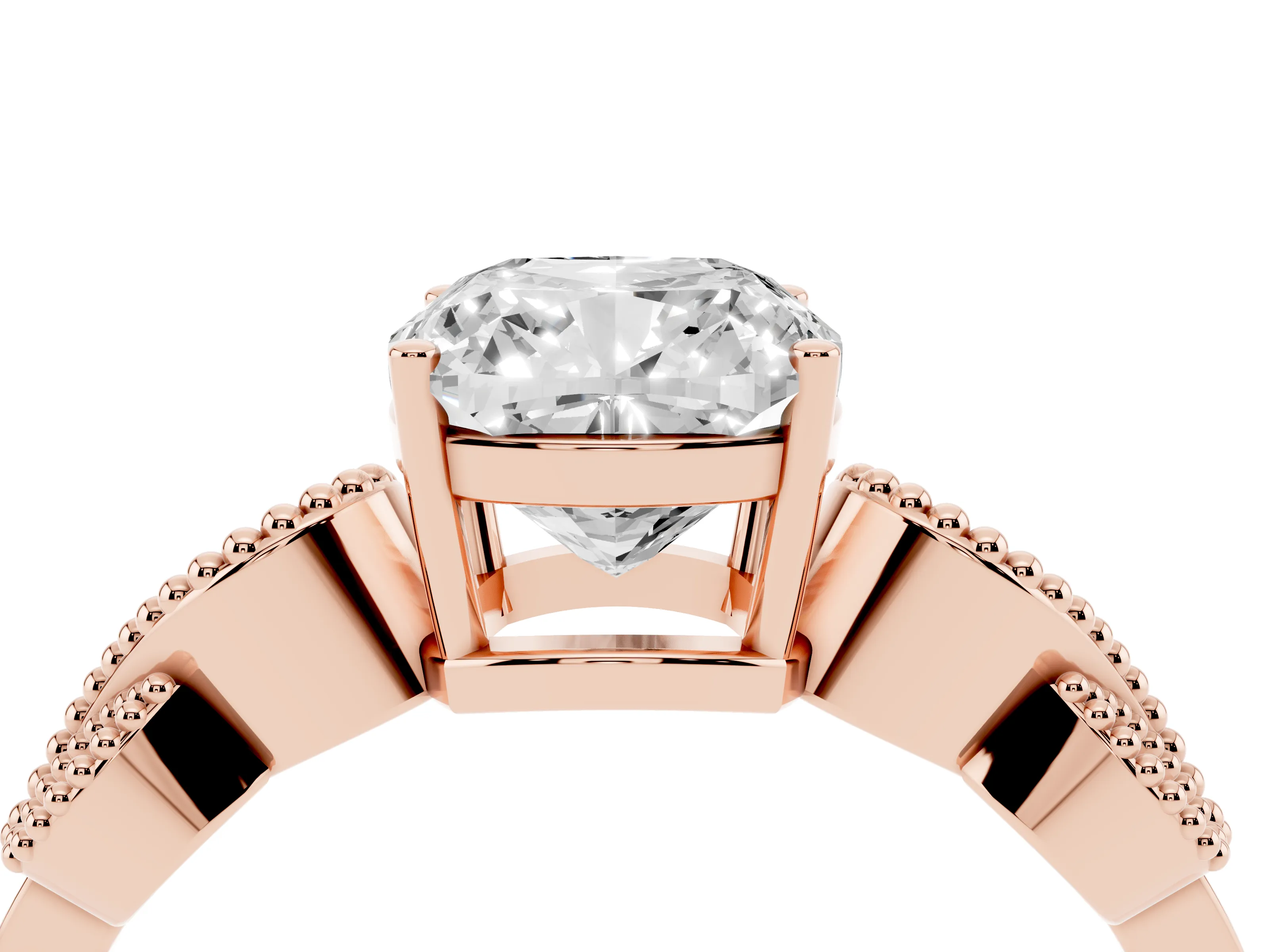 Cushion Cut Diamond Milgrain Leaf Band Solitaire Ring Set in Rose gold with Accent Stones and Prong Setting