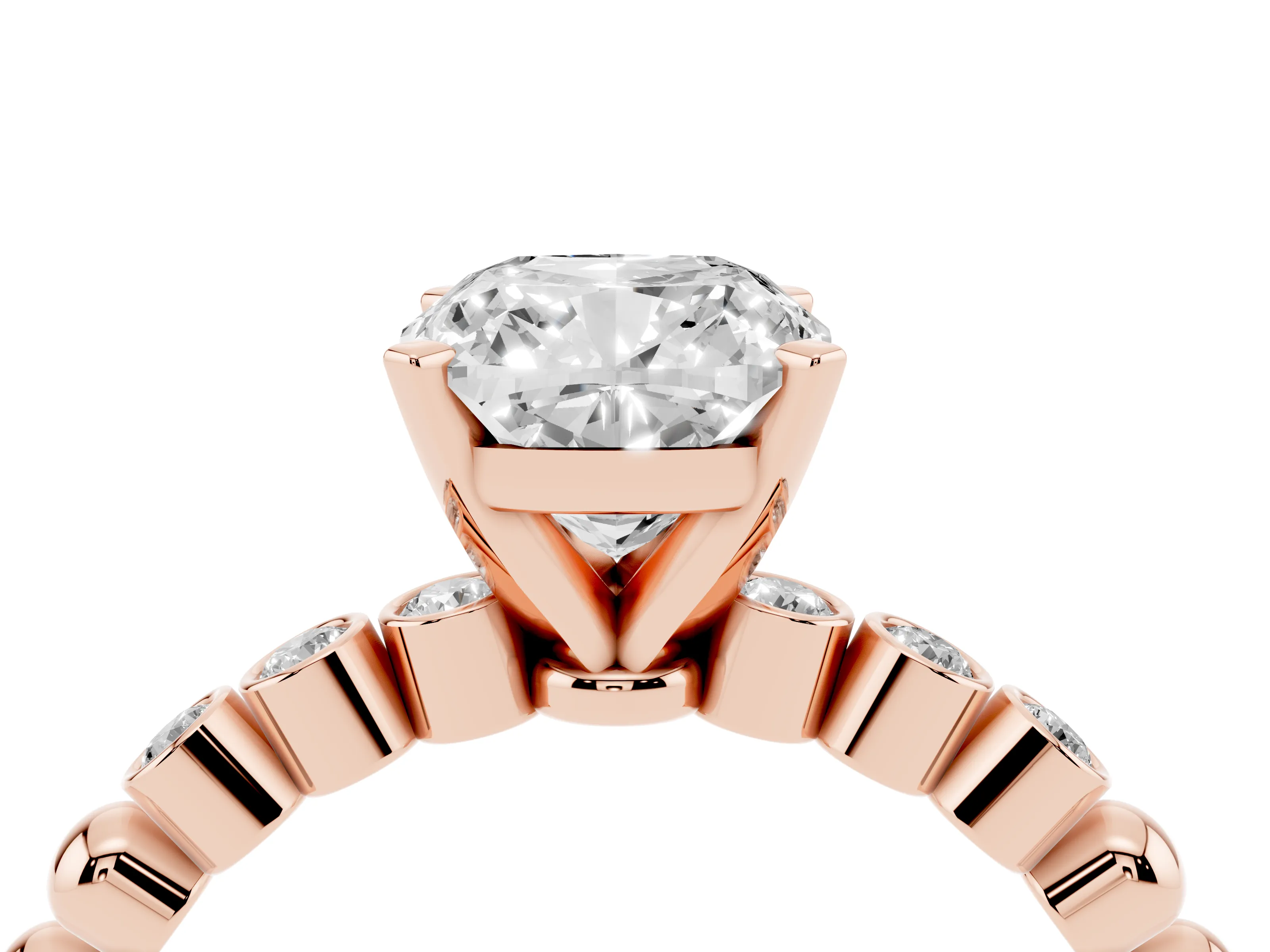 Cushion Cut Diamond Solitaire Engagement Ring Set in Rose gold with Bezel Accents on Beaded Band
