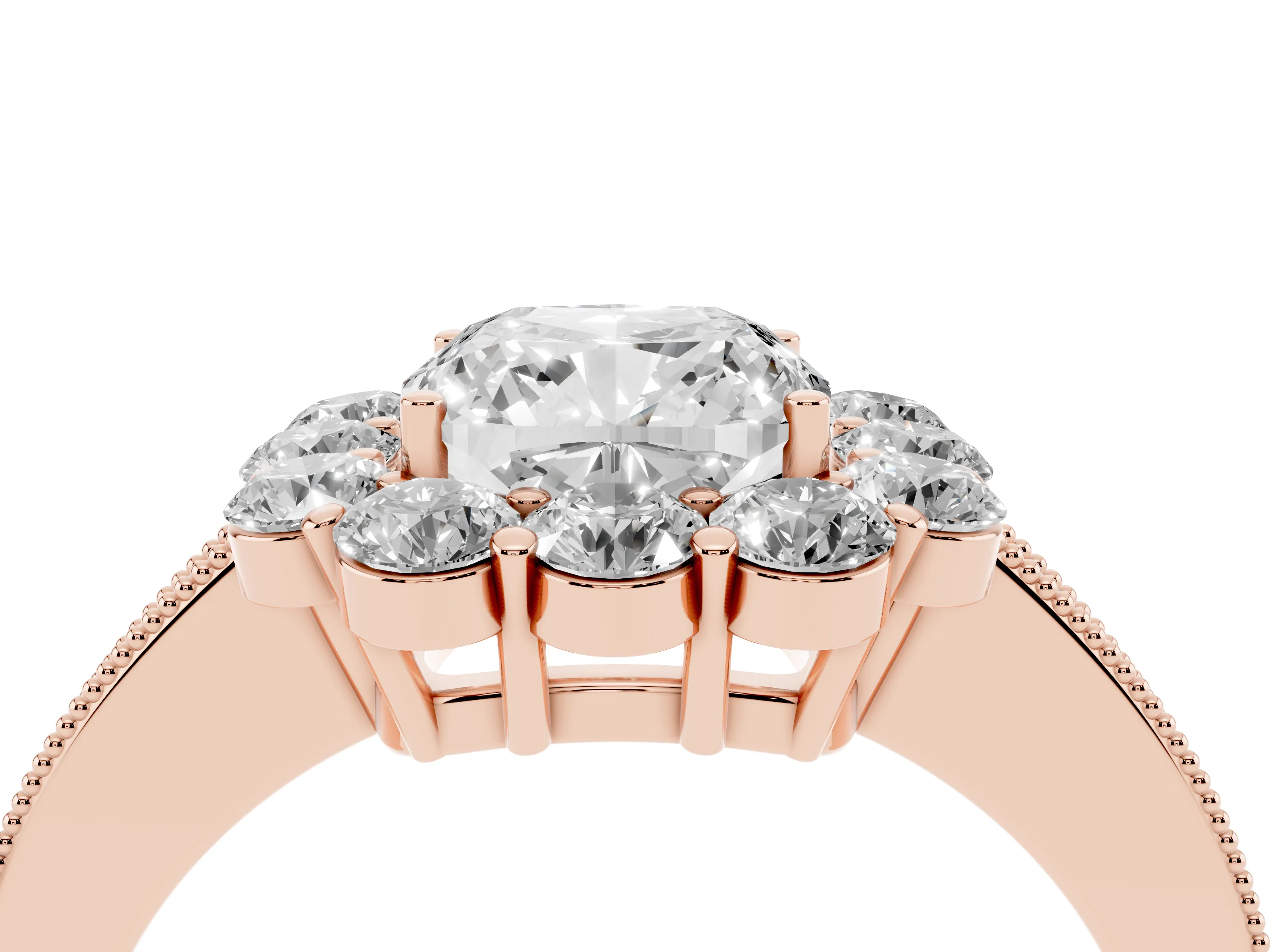 Cushion Cut Diamond Halo Pavé Engagement Ring Set in Rose gold with Milgrain Detailing