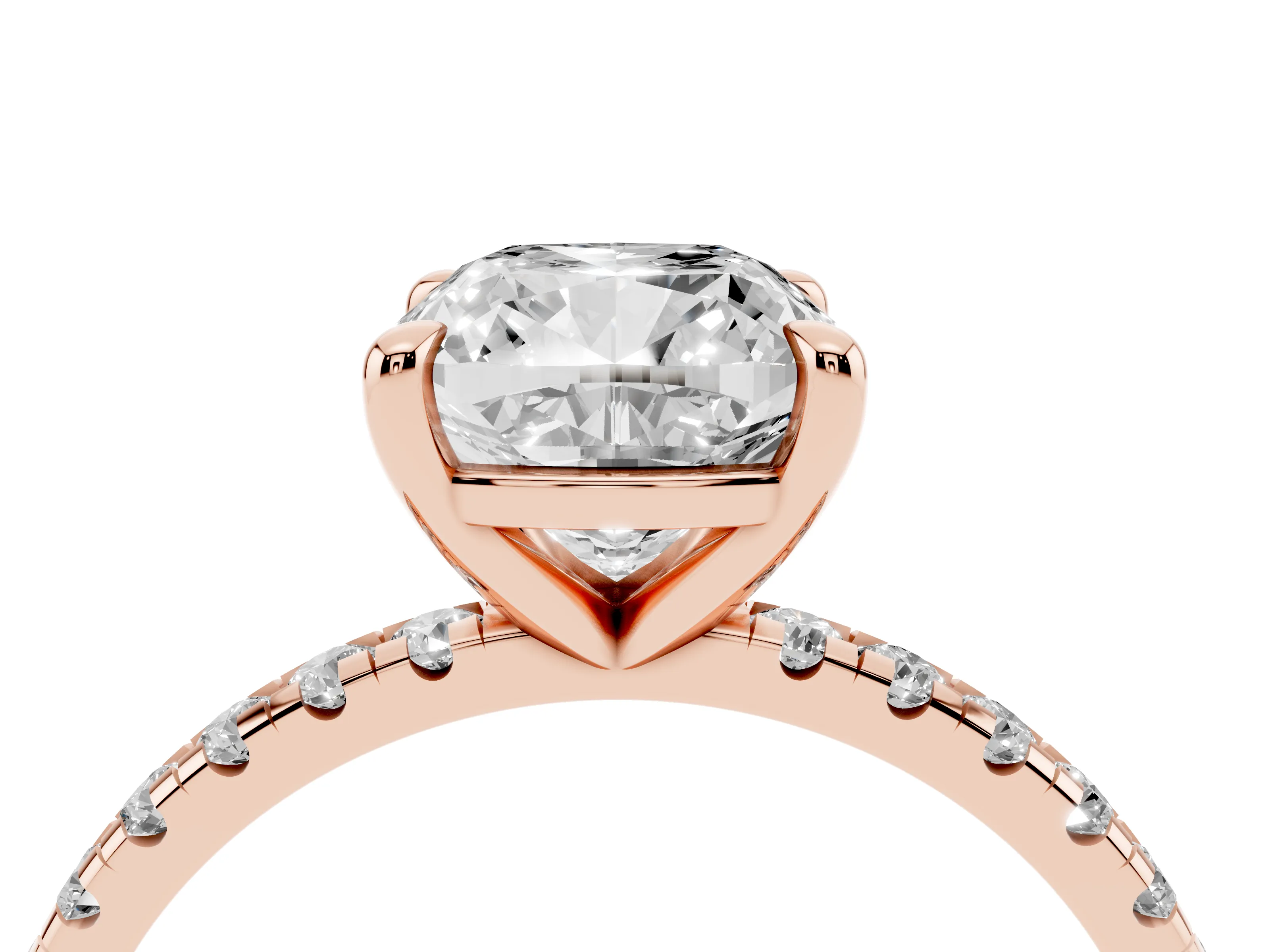 Cushion Cut Diamond Brilliant Solitaire Ring Set in Rose gold with Pavé Band and Prong Setting