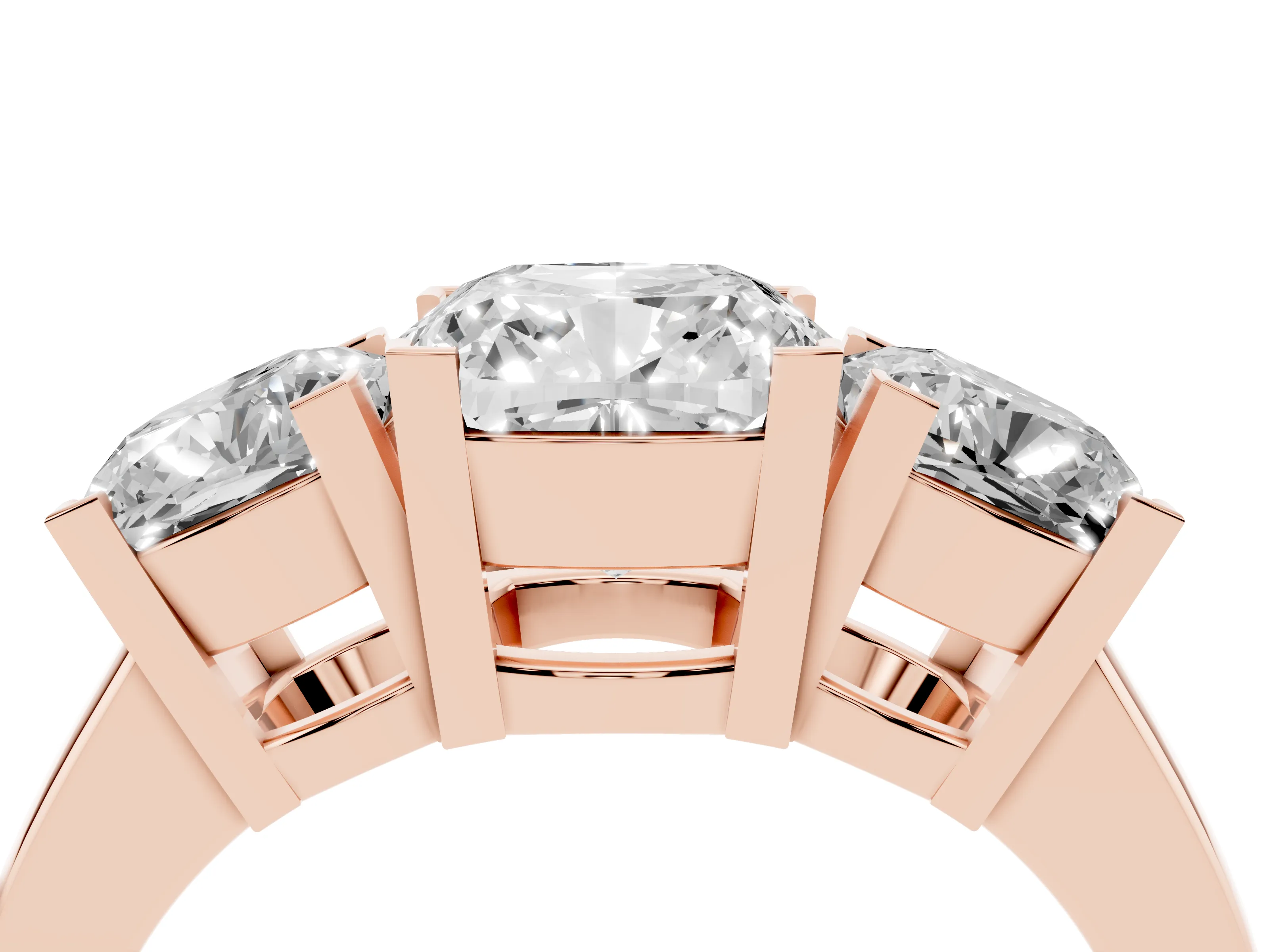 Cushion Cut Diamond Three-Stone Ring Set in Rose gold with Channel-Set Band and Prong Settings