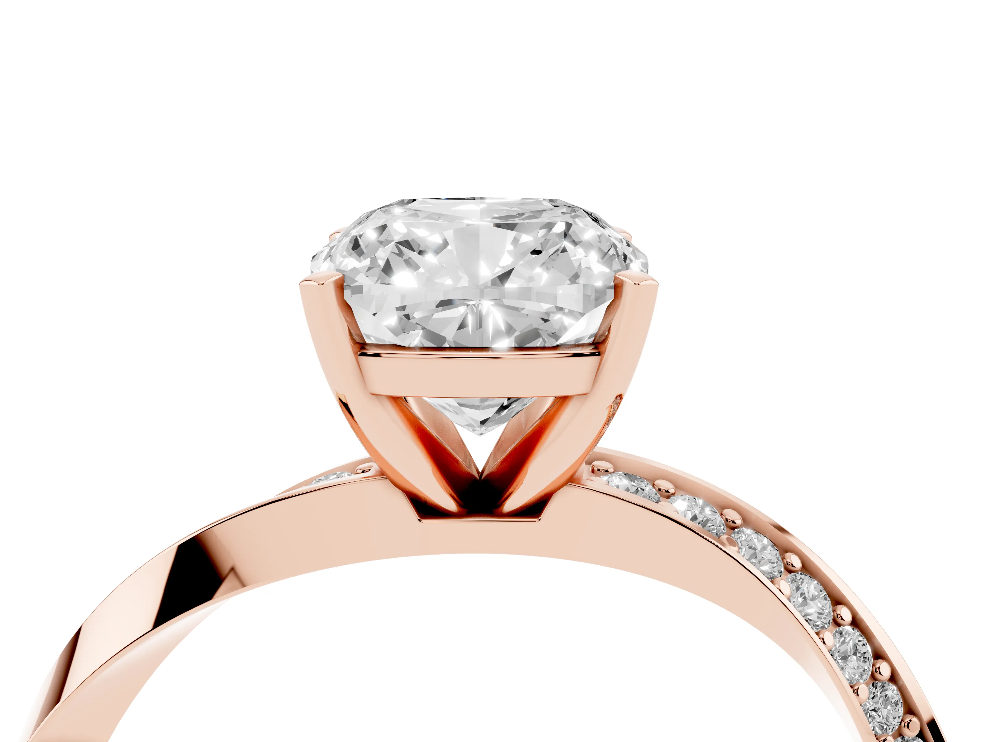 Cushion Cut Diamond Engagement Ring Set in Rose gold with Side Stone Accents and Prong Setting