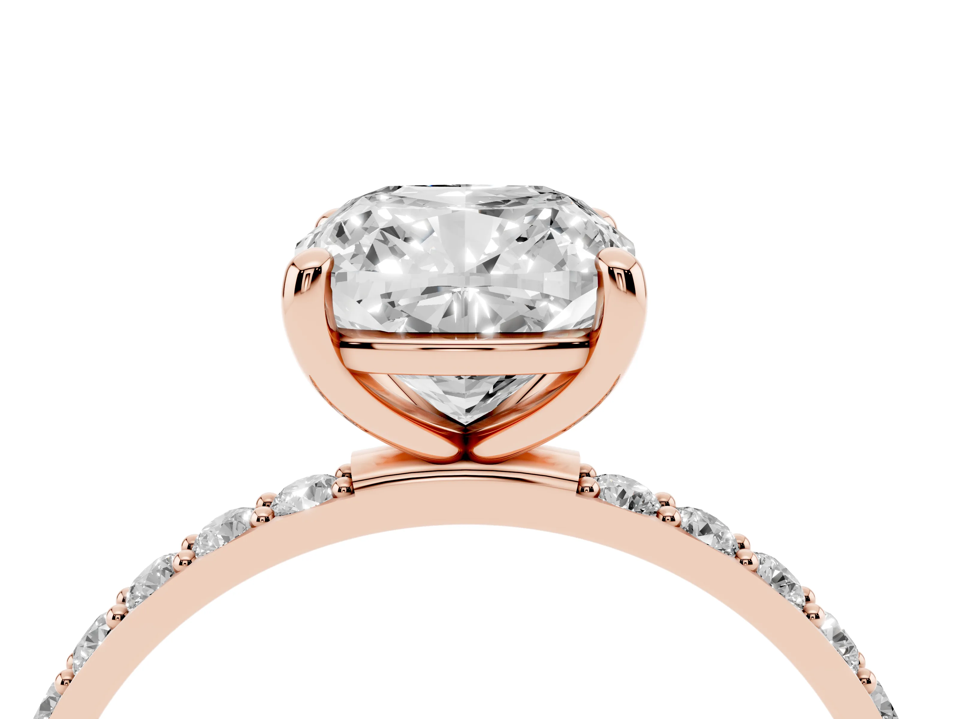 Cushion Cut Diamond Solitaire Ring Set in Rose gold with Round Pavé Band and Prong Setting
