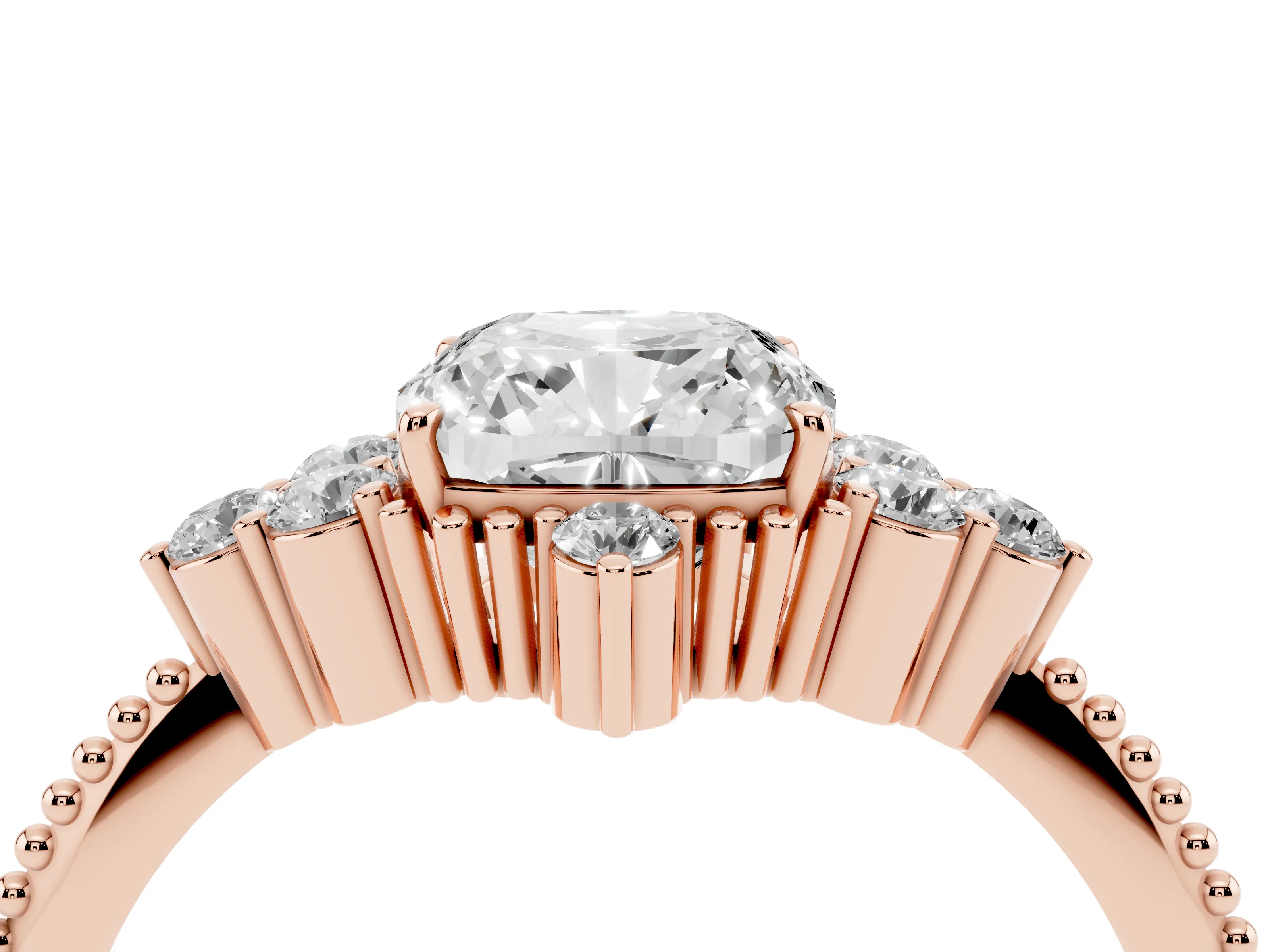 Cushion Cut Diamond Cluster Ring Set in Rose gold with Beaded Band