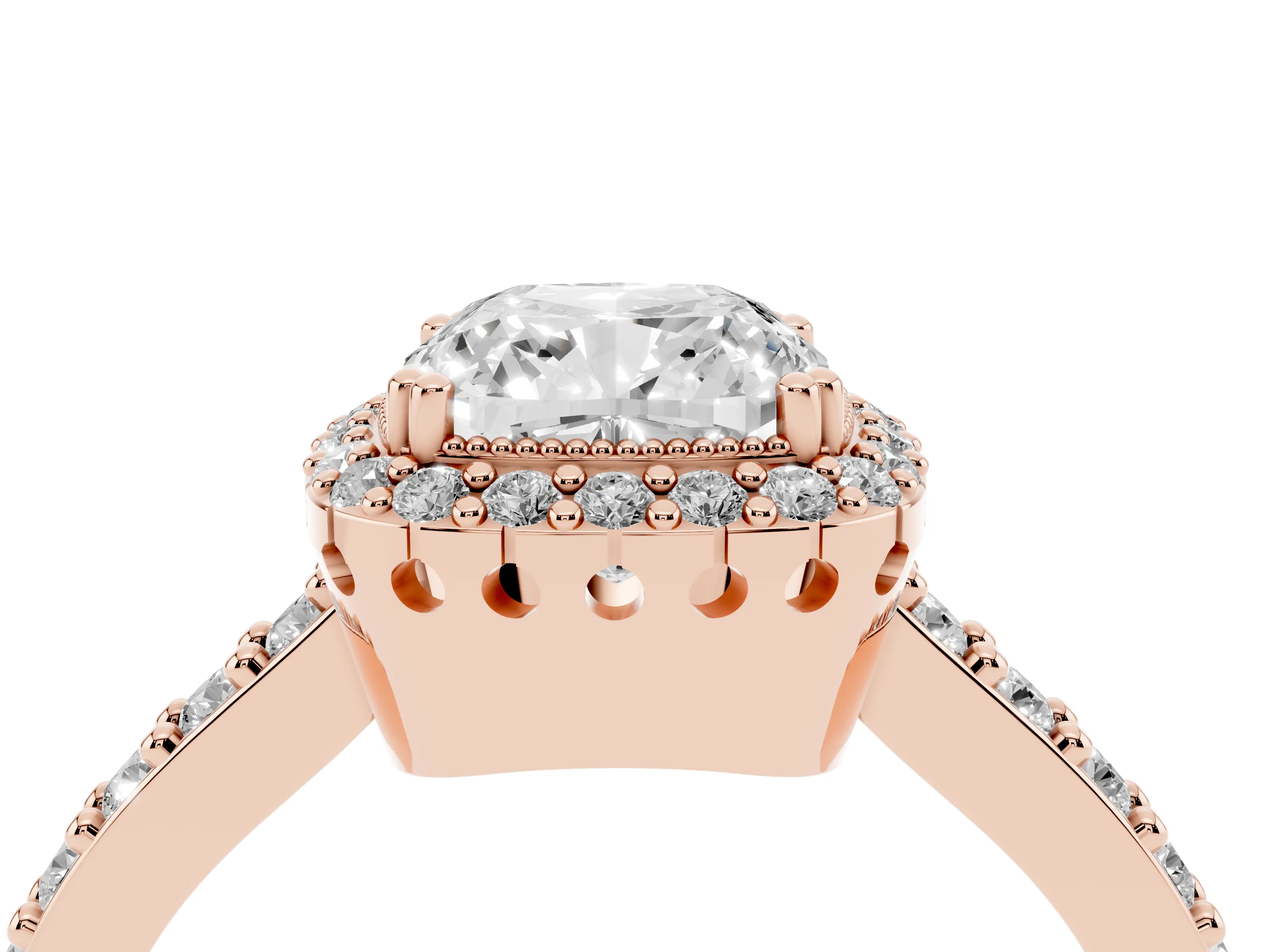 Cushion Cut Diamond Halo Engagement Ring Set in Rose gold with Milgrain Detail and Pavé Band