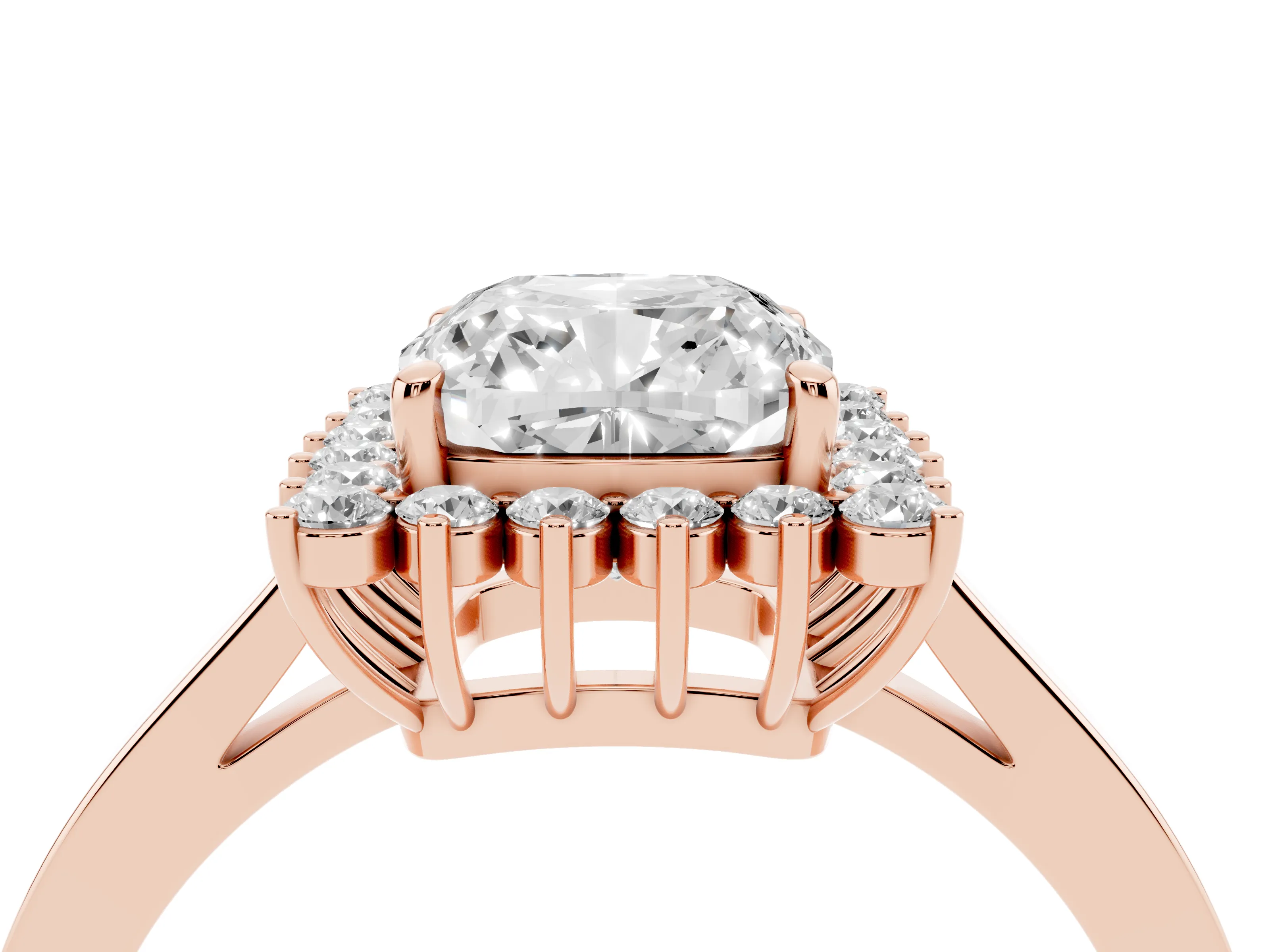 Cushion Cut Diamond Halo Ring Set in Rose gold with Round Halo and Smooth Solitaire Band