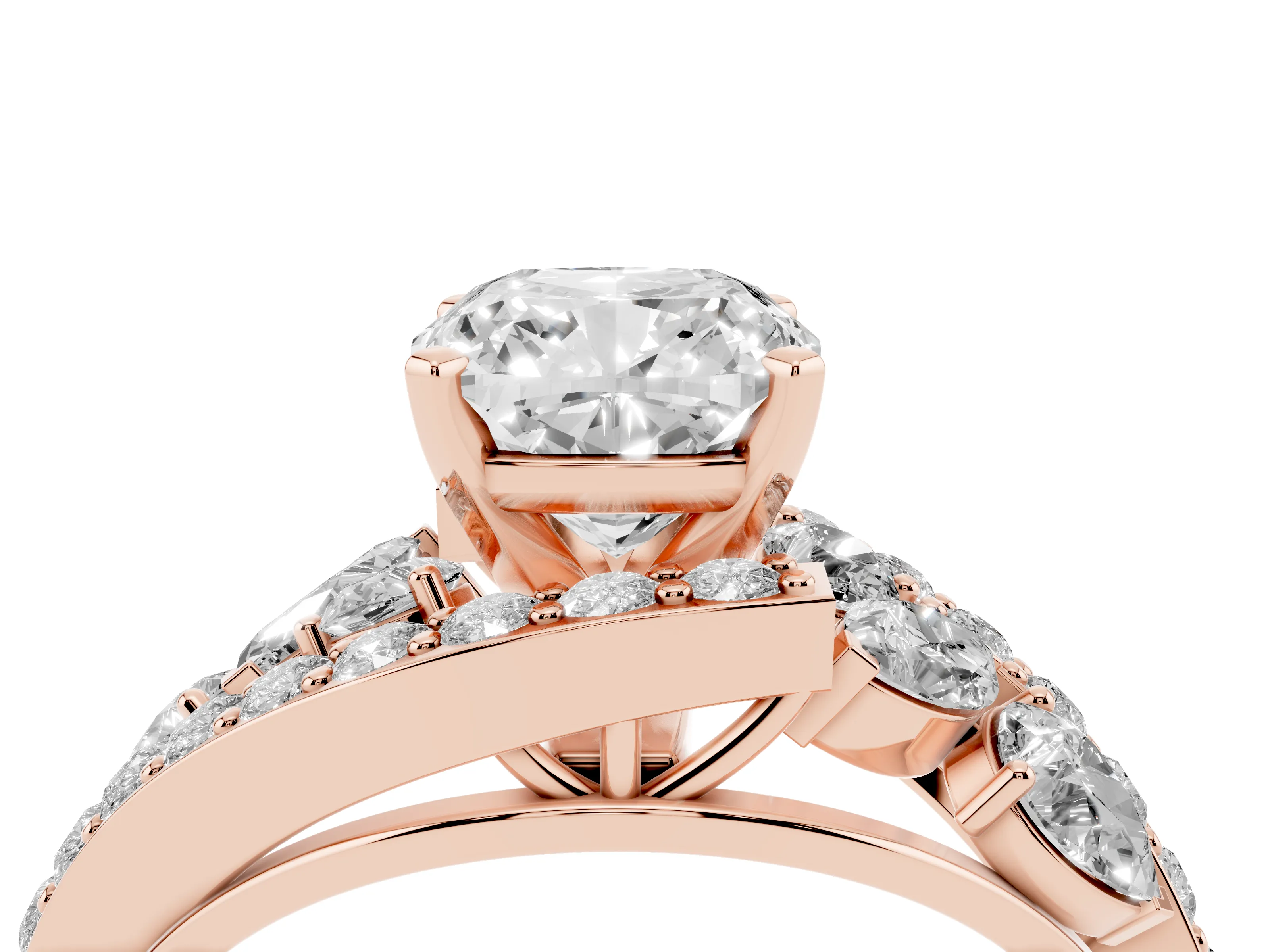 Cushion Cut Diamond Halo Ring Set in Rose gold with Marquise and Pavé Band in Prong Setting