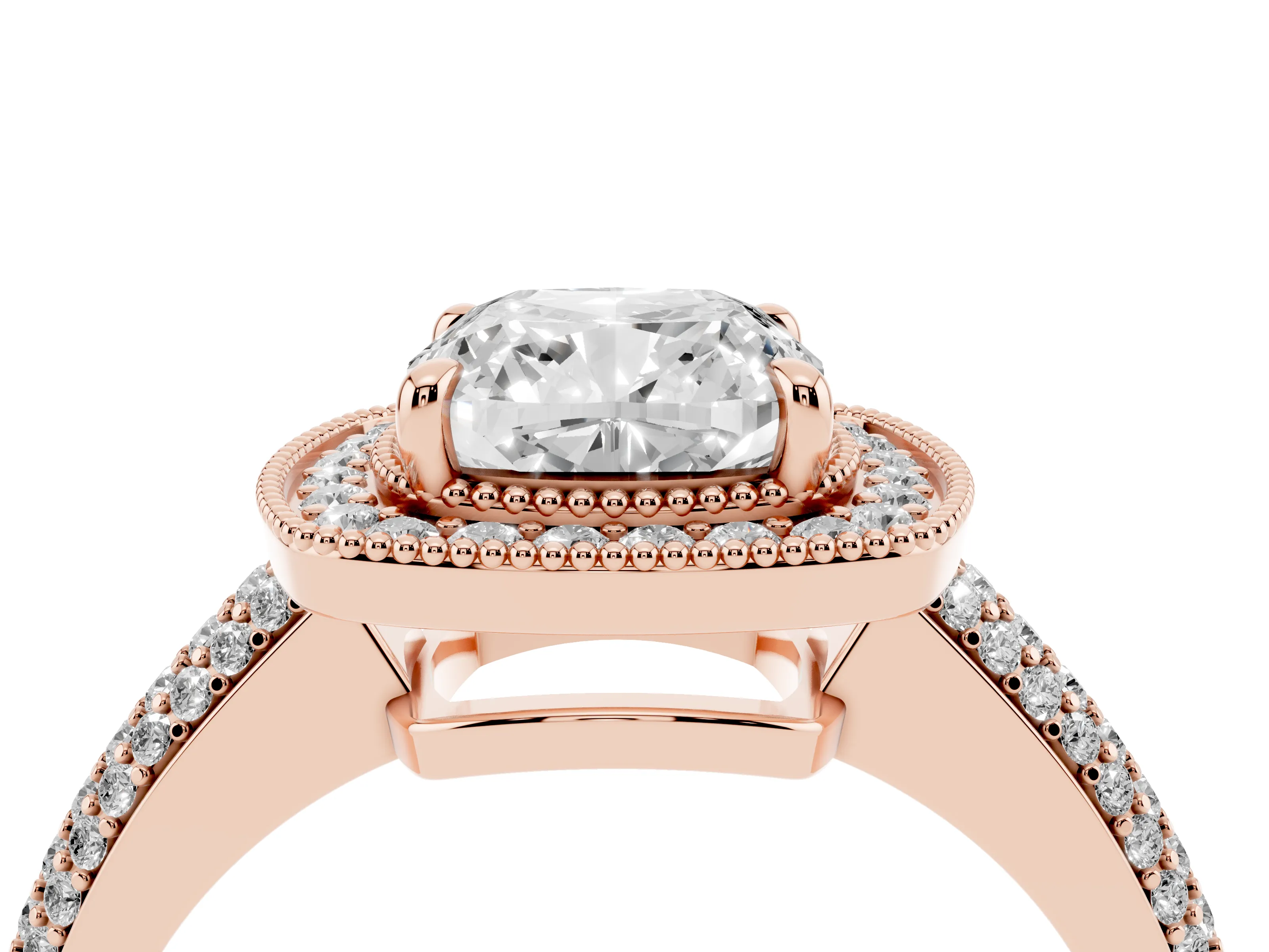 Cushion Cut Diamond Halo Pavé Band Set in Rose gold with Prong Setting