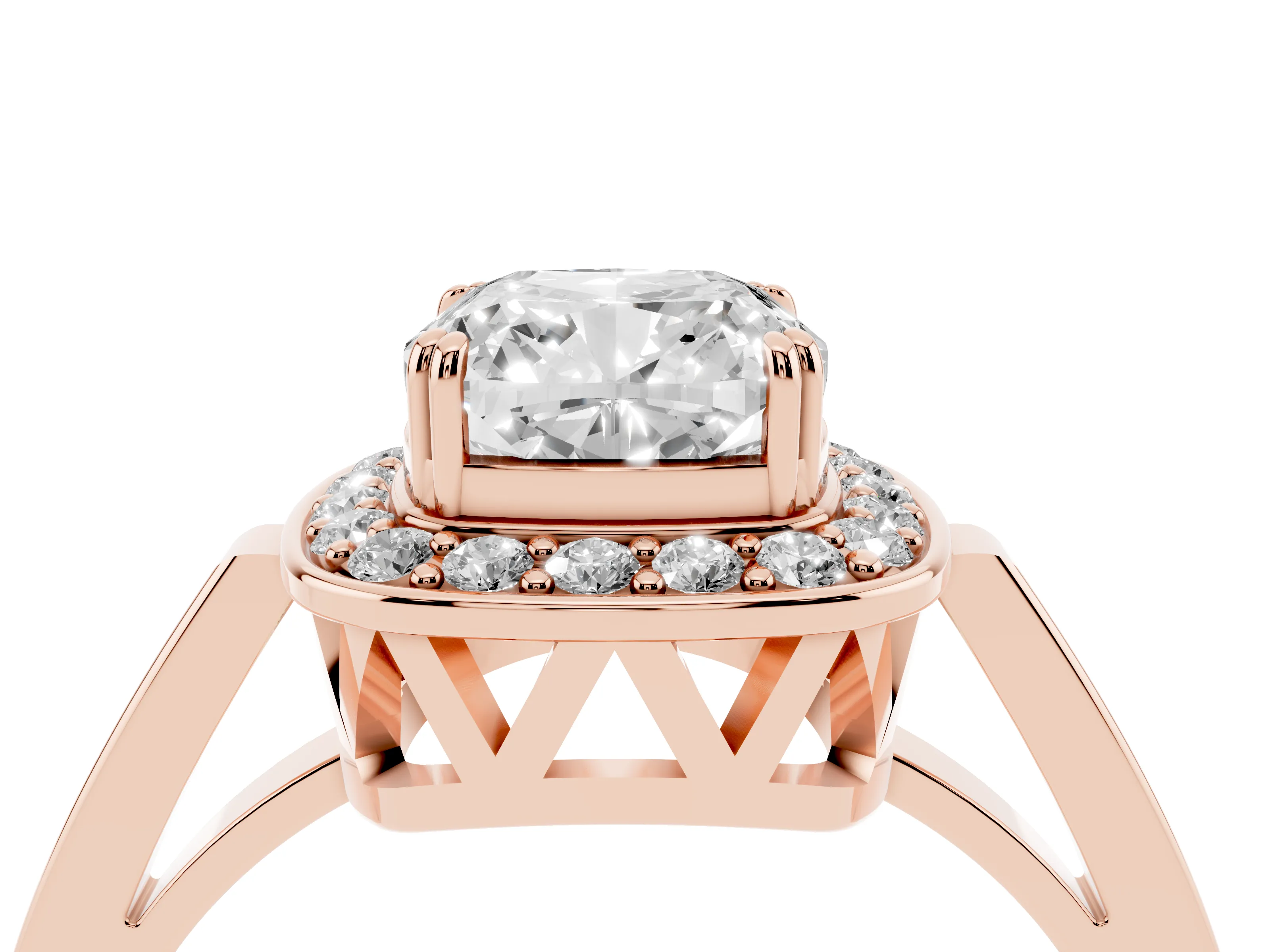 Cushion Cut Diamond Halo Ring Set in Rose gold with Accent-Lined Split Shank and Prong Setting